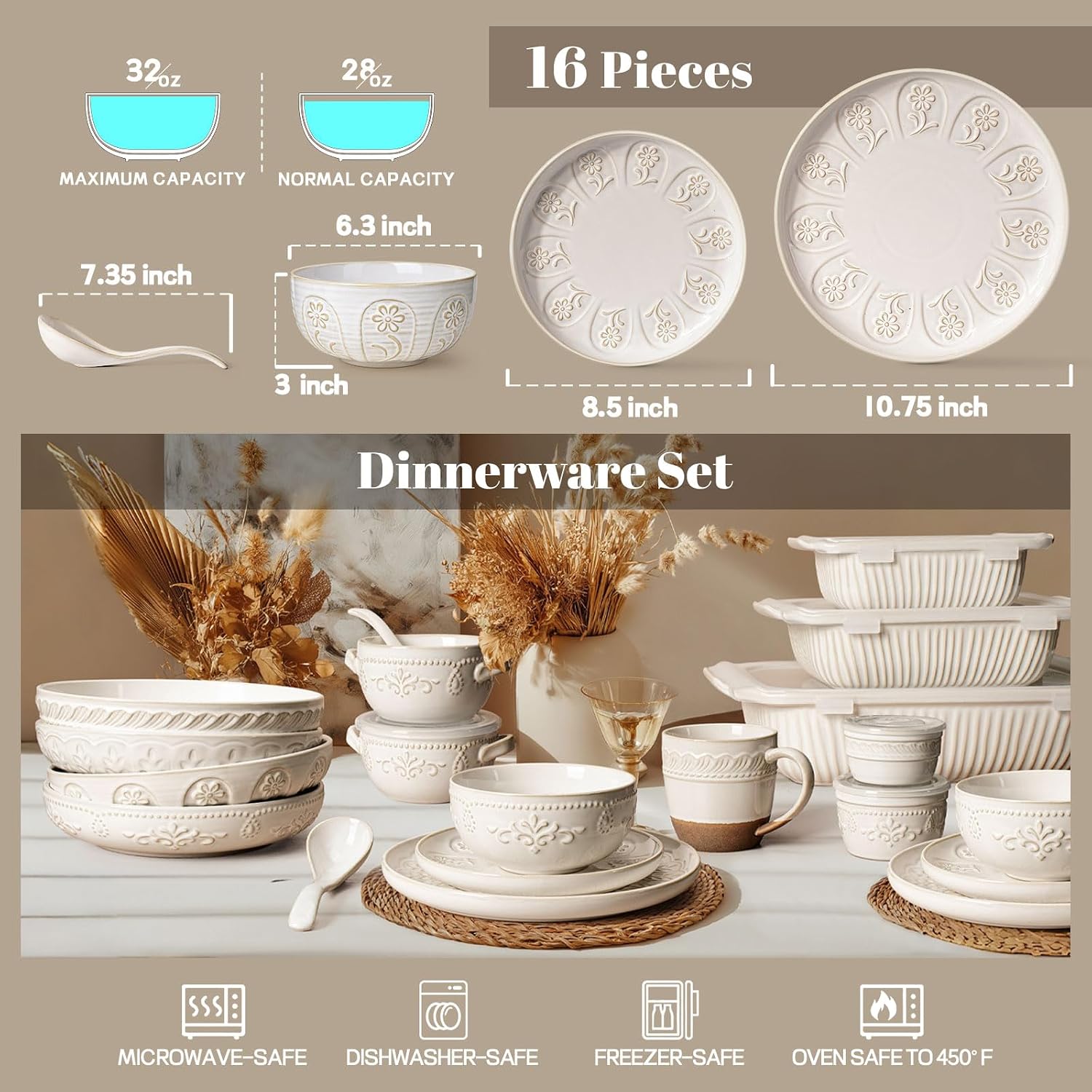 Artena Plates And Bowls Sets, 16 Pieces Dinnerware Sets, Dish Set For 4, Ceramic Kitchen Bowl And Plate Set, Embossed White Dishware Sets, Dishwasher & Microwave Safe (Pinwheel Flower)