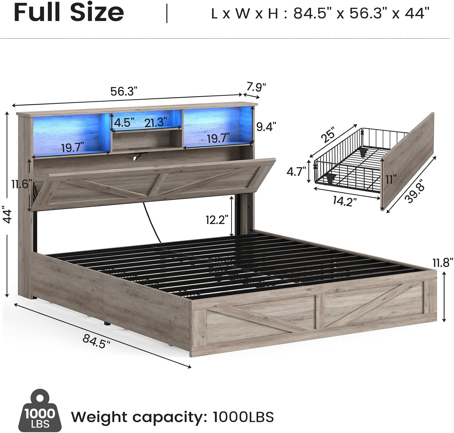 AOGLLATI Farmhouse Full Size Bed Frame with 4 Storage Drawers and Charging Station, Wooden Full Bed Frame with Hidden Space Bookcase Headboard and Led Lights & Metal Slats, Gray