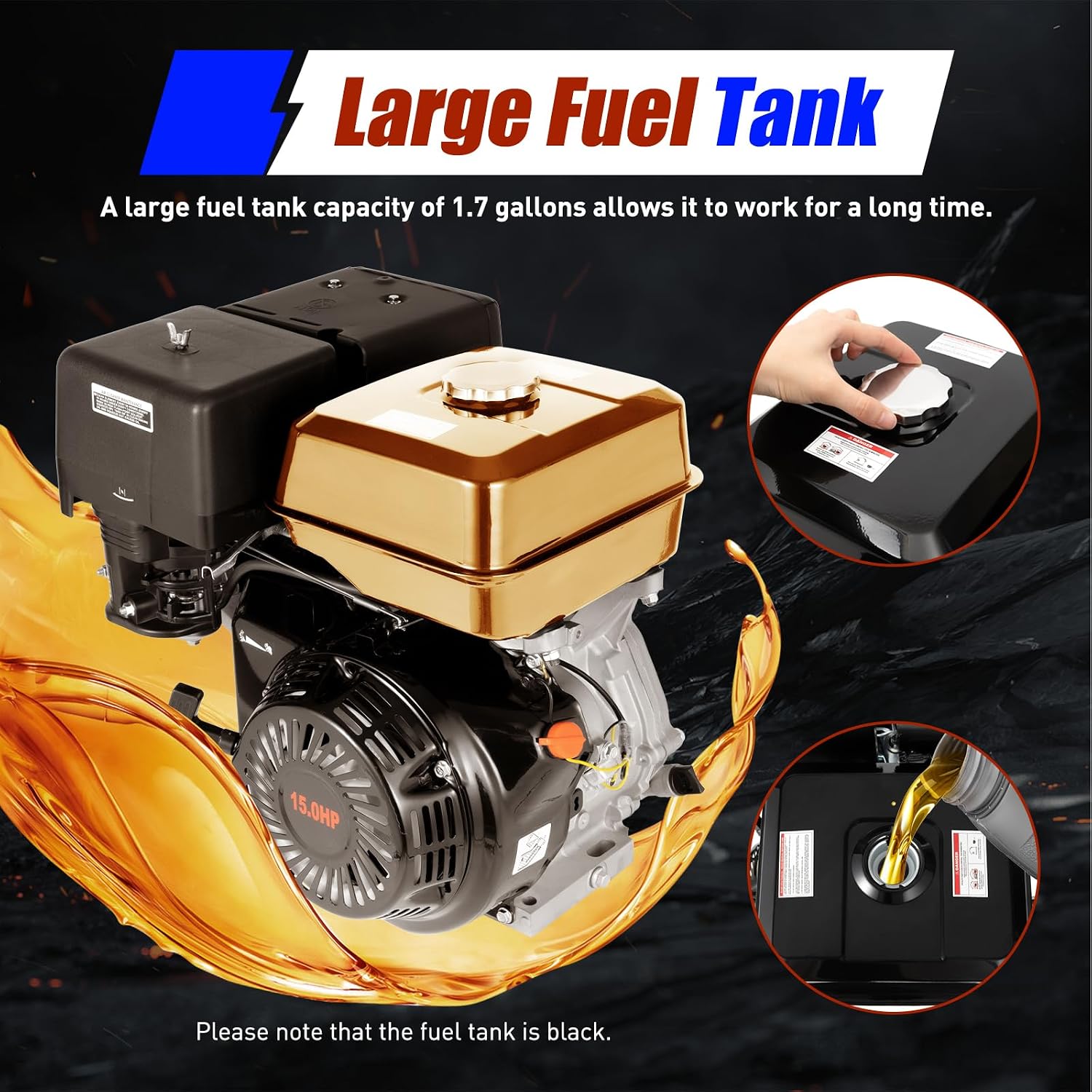 15HP Gas Engine, 4-Stroke 420CC Gas Horizontal Engine, Go Kart Motor Engine, OHV Single Cylinder Manual Recoil Start Petrol Engine for Pumping Machine Microtiller Sprinkler Weeder (15HP, 420CC,Black)