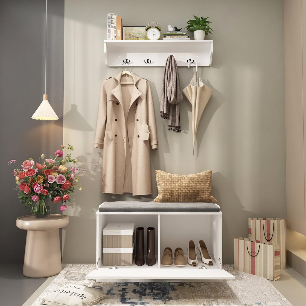 AIEGLE Entryway Hall Tree Set with Shoe Bench & Wall Mounted Coat Rack, 3-in-1 Entryway Storage Bench with Drawer & Cushion, Hall Tree Coat Rack with 4 Hooks for Hallway Hanging, White