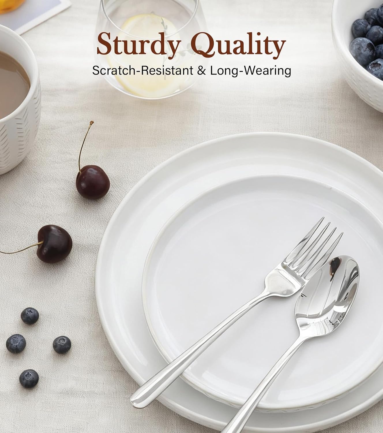 24 Piece Dinnerware Sets for 8 - Farmhouse Style Stoneware Plates and Bowls Sets - Scratch Resistant & Dishwasher Safe, Embossed Boho Ceramic Dish Set, Stack Compactly Dishware - Vintage White