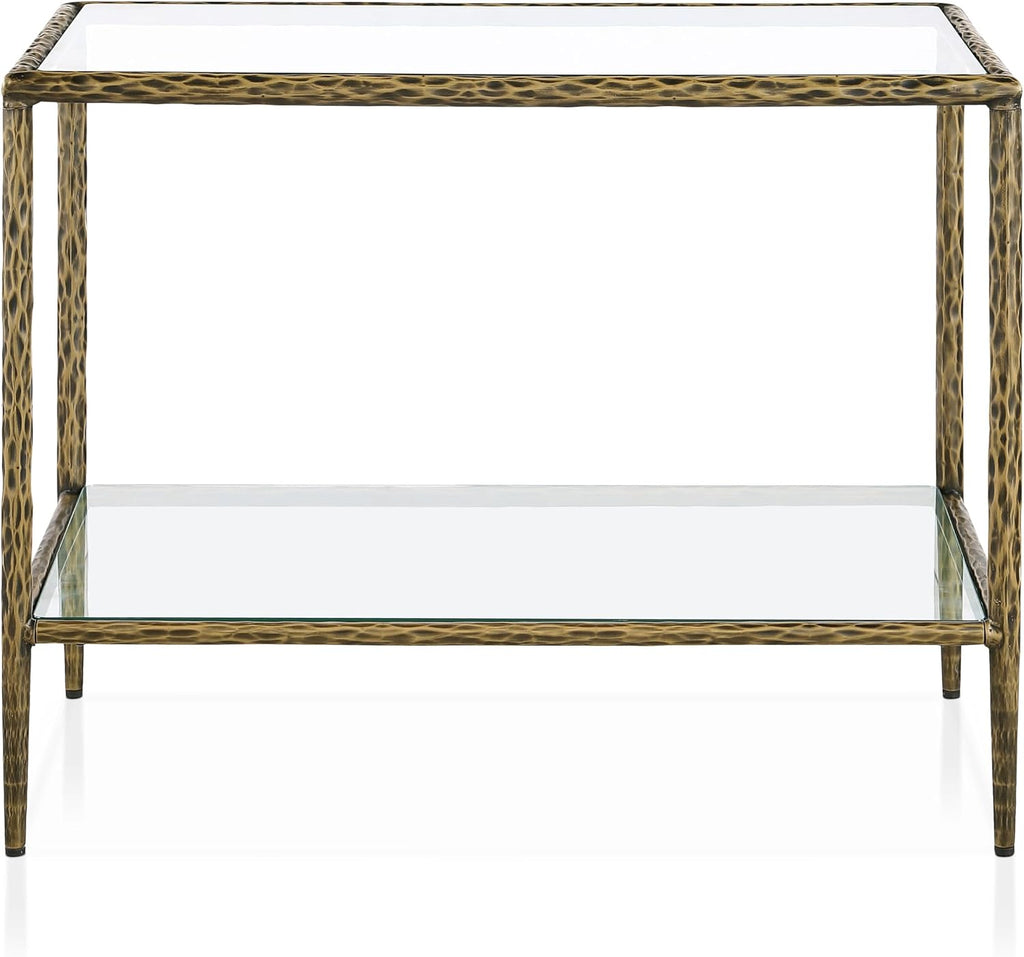 24/7 Shop at Home Lalia Hammered Metal 4-Piece Bedroom Collection, Upholstered Bed Frame with Beige Fabric Headboard, Bench and 1-Shelf Nightstands, Foundation Required, Full, Matte Gold