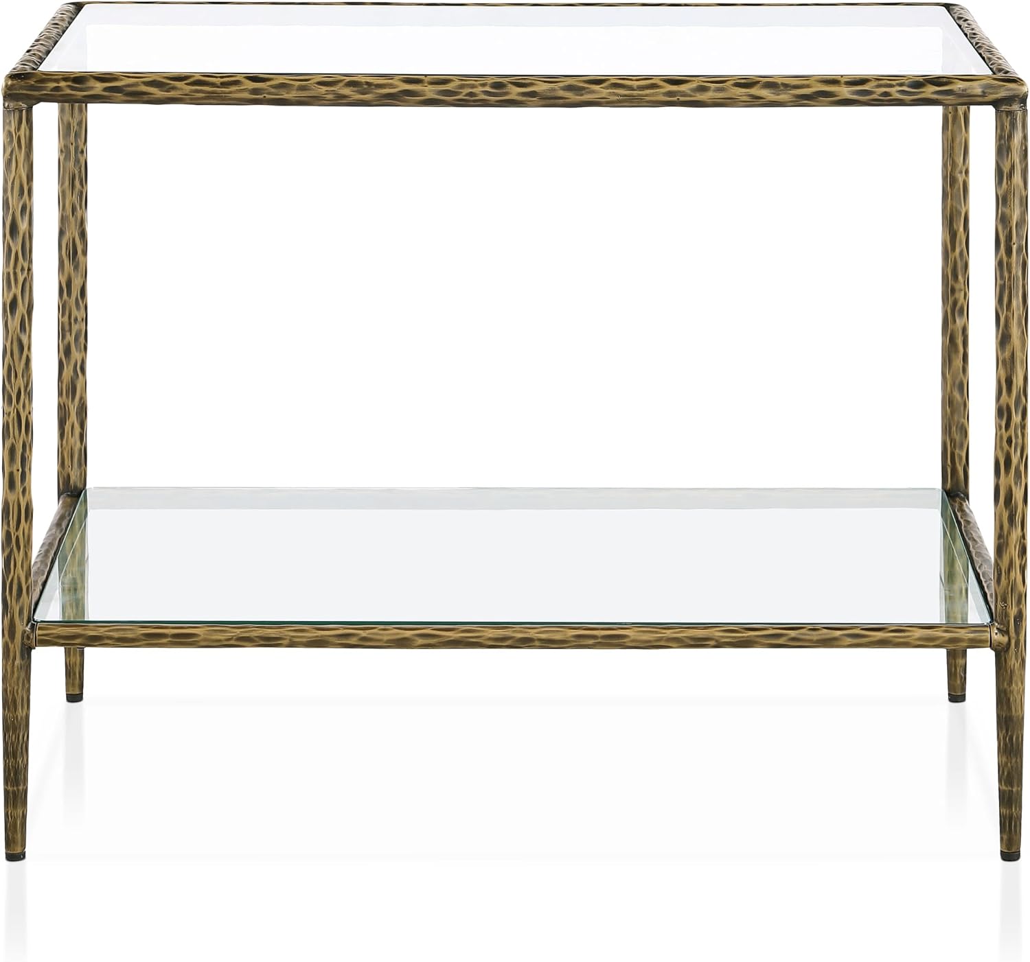 24/7 Shop at Home Lalia Hammered Metal 4-Piece Bedroom Collection, Upholstered Bed Frame with Beige Fabric Headboard, Bench and 1-Shelf Nightstands, Foundation Required, Full, Matte Gold