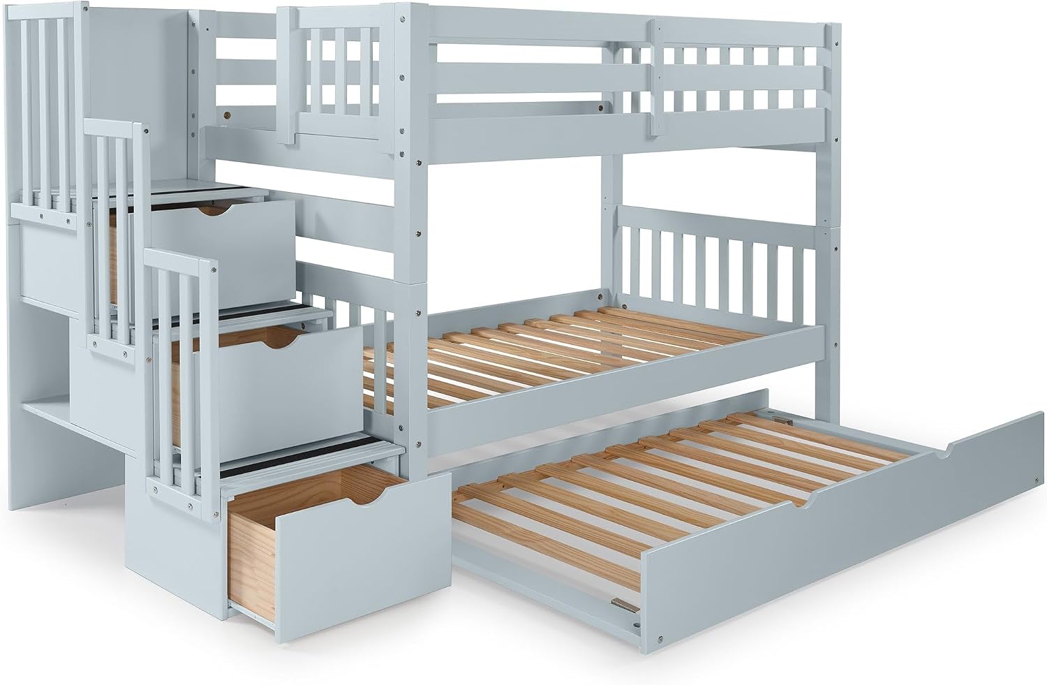 Bedz King Stairway Bunk Beds Twin Over Twin, 3 Step Drawers and a Twin Trundle, Breezy Blue