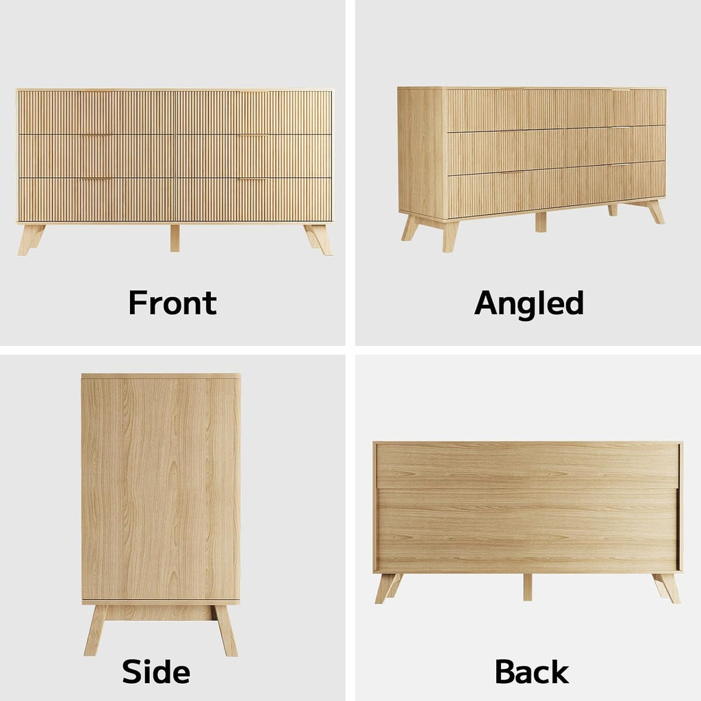 Fluted Dresser with 6 Drawers, 53.43 Inch Wood Double Dresser with Metal Handles Curved Design Wide Storage Organizer Cabinet Modern Chest Dressers for Bedroom Living Room Hallway(Oak)