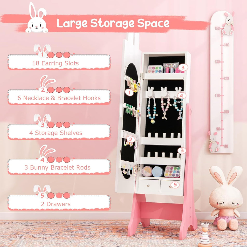 Costzon Kids Vanity Set & Jewelry Armoire Cabinet, Wooden Kids Vanity Table and Chair Set, Standing Jewelry Organizer with Full-Length Mirror, Kids Bedroom Furniture Set for Girls (White)