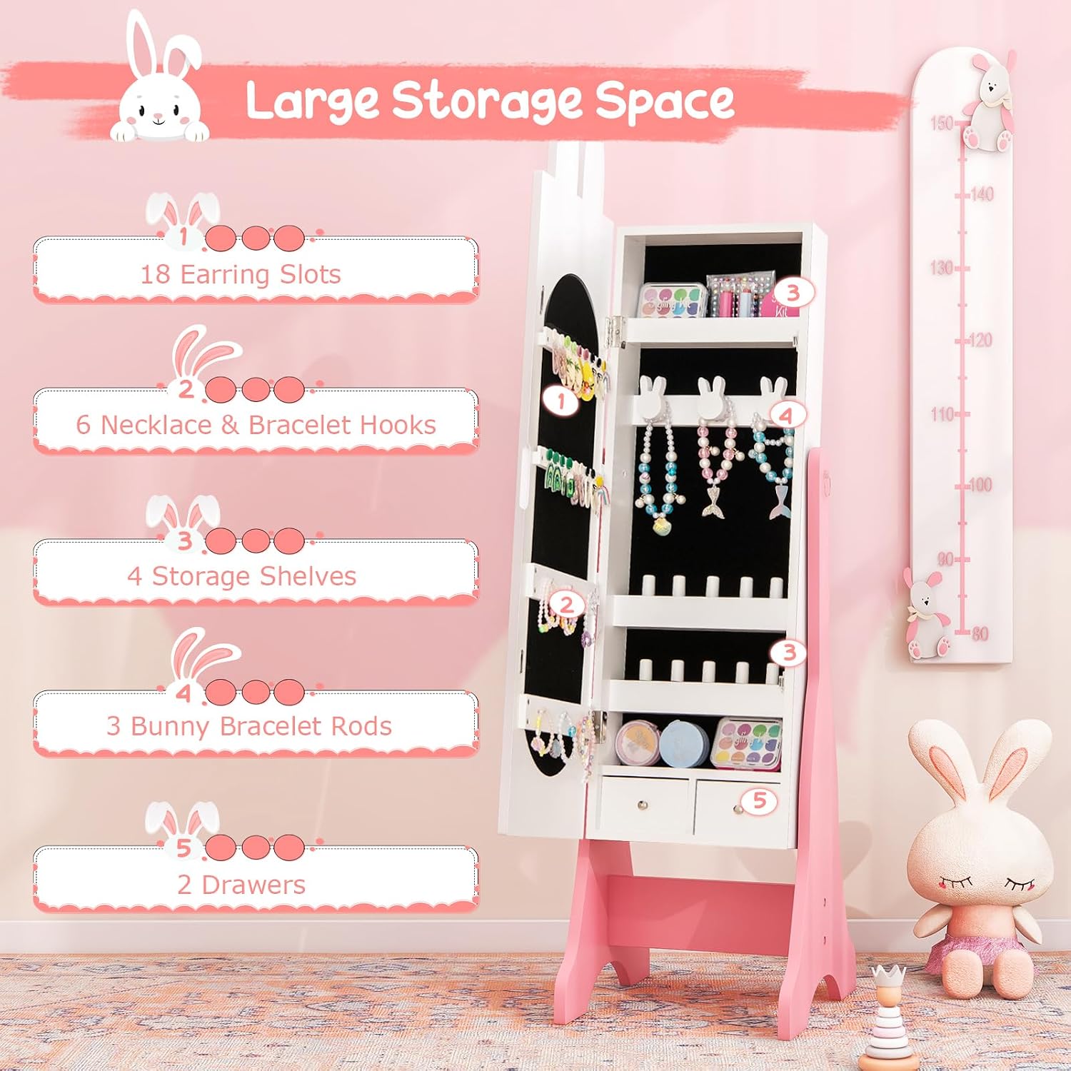 Costzon Kids Vanity Set & Jewelry Armoire Cabinet, Wooden Kids Vanity Table and Chair Set, Standing Jewelry Organizer with Full-Length Mirror, Kids Bedroom Furniture Set for Girls (White)