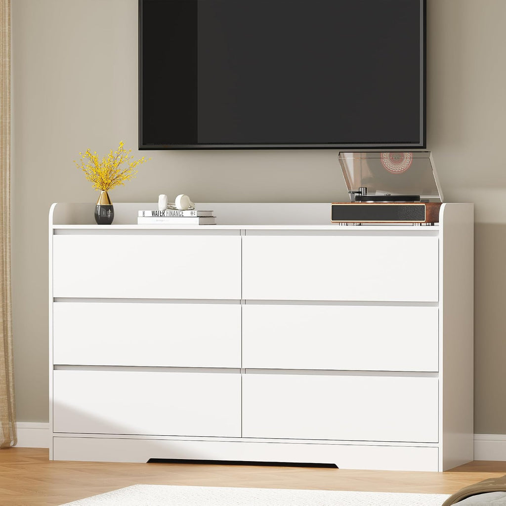 BEWISHOME Dresser for Bedroom, White 6 Drawer Dresser Chest of Drawers, Wood Dressers for Closet, Wide Modern Dressers with Fence for Living Room, Hallway, Entryway, TV Stand, White KCG04W
