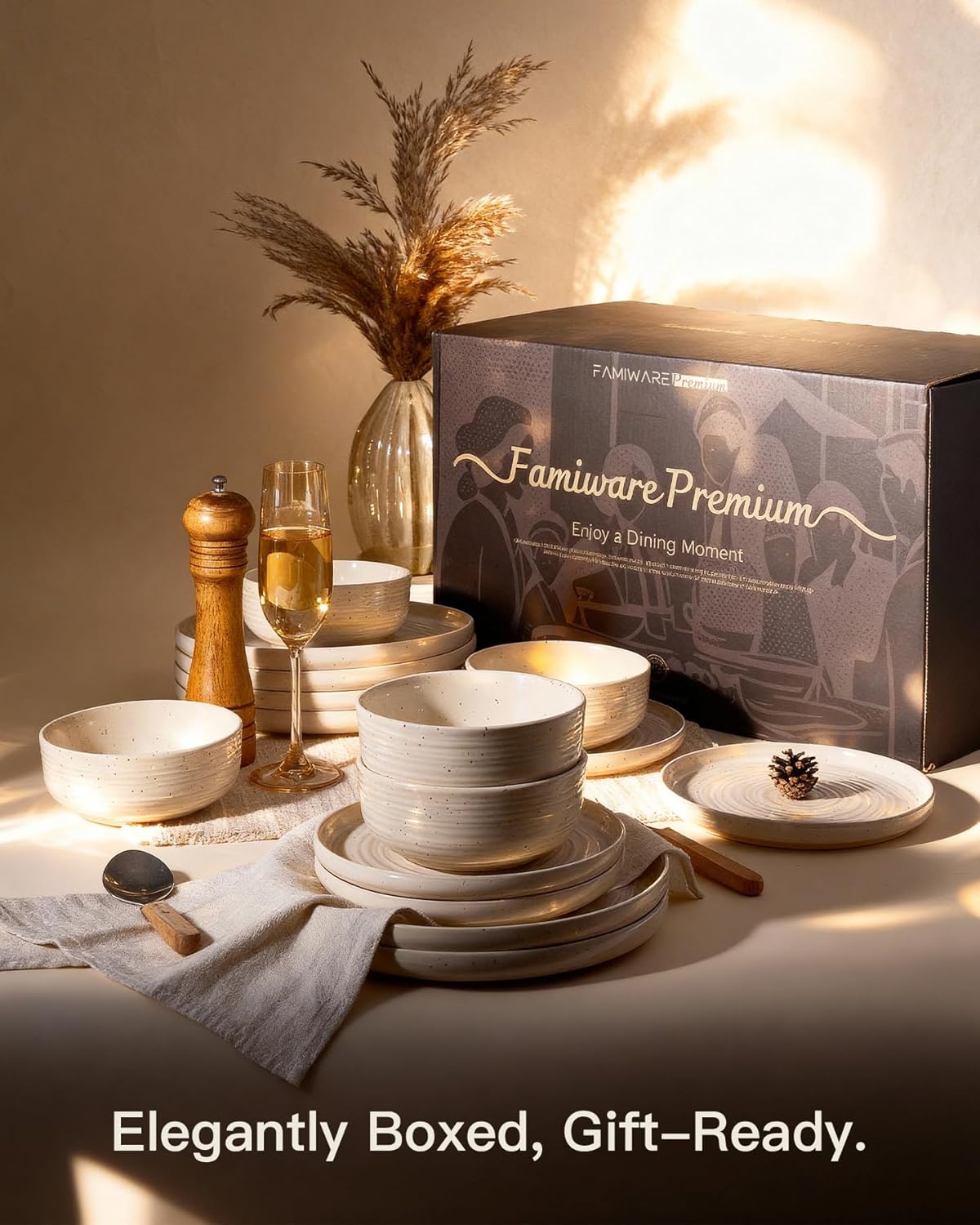 18-Piece Stoneware Reactive Glaze Dinnerware Set, Flared Plates & Bowls with Speckles & Spirals, Chip & Scratch Resistant Dishes, Dishwasher Safe, Service for 6, Gift Box, Shell Beige