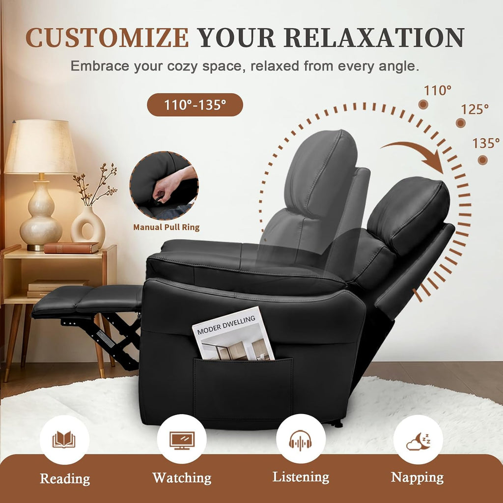 AIRSKY Genuine Leather Recliner Chair, Top Grain Leather, Italian Water-Washing Process, Reclining Sofa Chair for Reading, Single Sofas for Living Room, Theater Seating, Bedroom. Black,R1