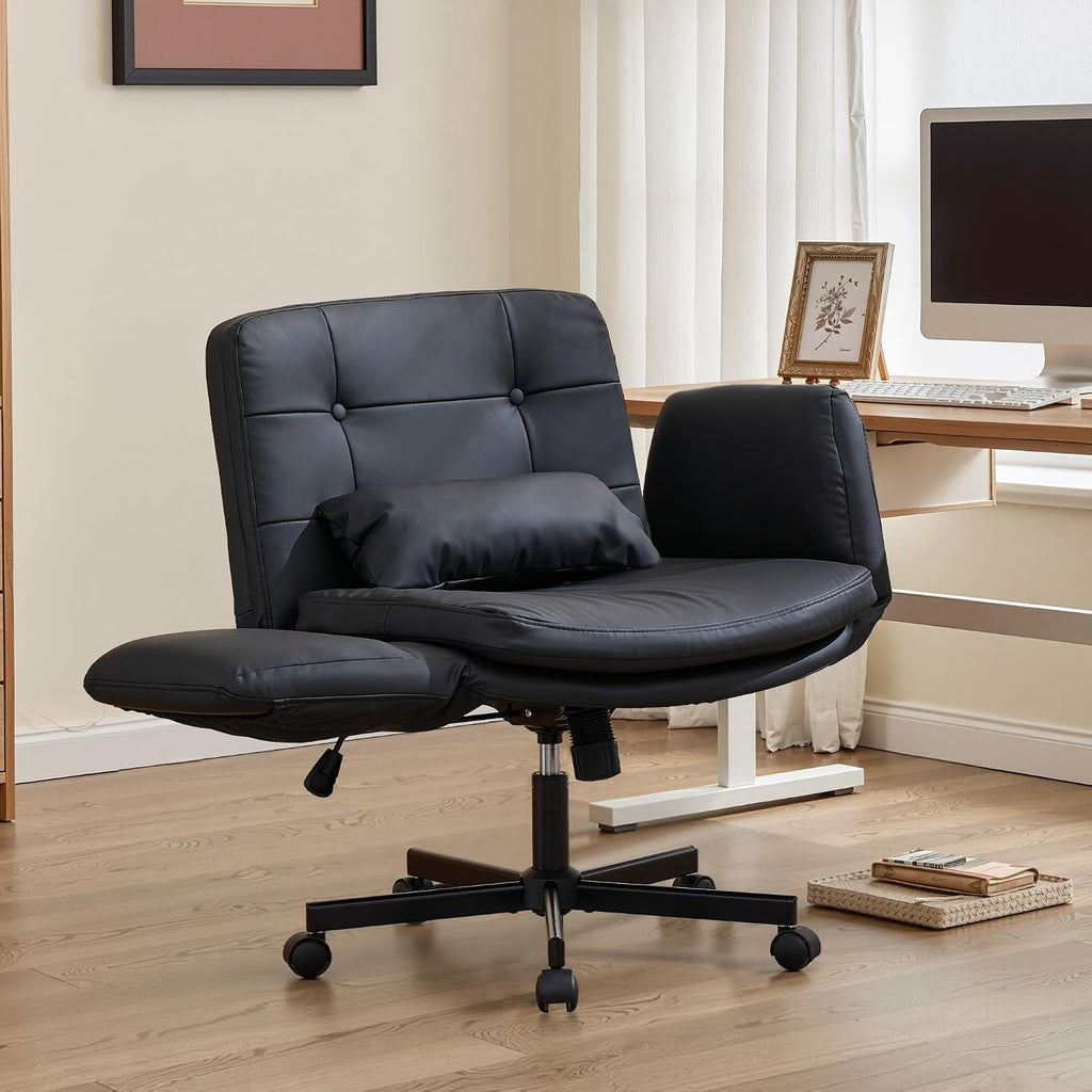Criss Cross Chair with Wheels & Outward-Folding Armrests, Faux Leather Cross Legged Office Chair with Storage Pockets, Comfortable Adjustable Swivel Vanity Chair for Home, Living Room, Bedroom (Black)