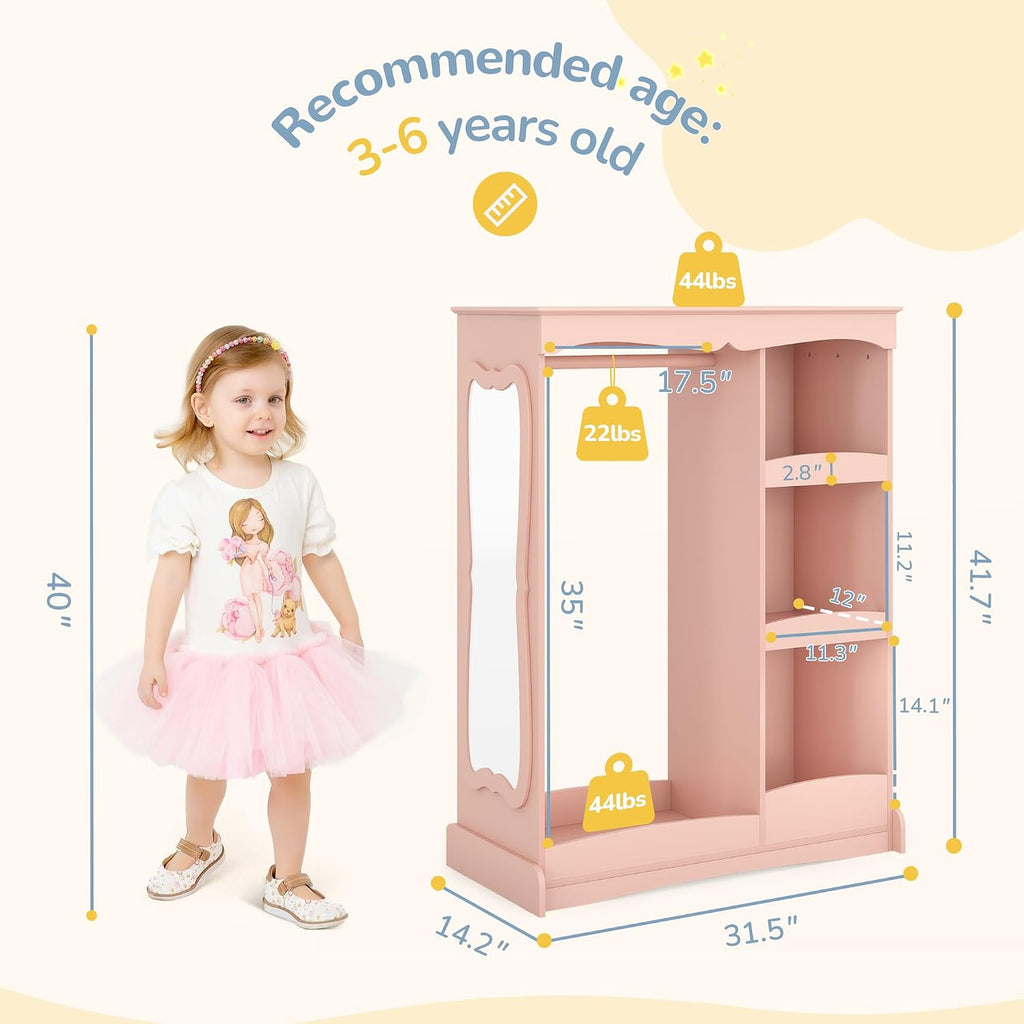 Curipeer Kids Dress Up Storage with Flower Mirror, Open Hanging Closet Wardrobe for Children, Kids Armoire & Costume Organizer for Bedroom Playroom Preschools Classroom, Pink