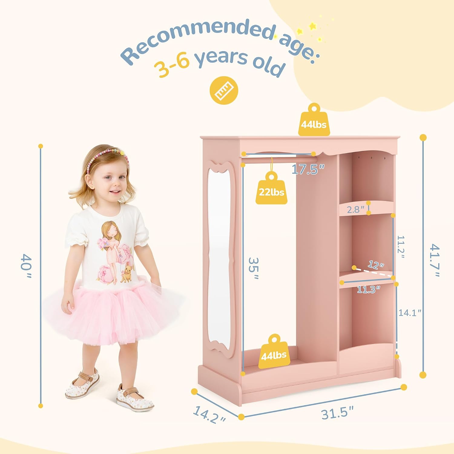 Curipeer Kids Dress Up Storage with Flower Mirror, Open Hanging Closet Wardrobe for Children, Kids Armoire & Costume Organizer for Bedroom Playroom Preschools Classroom, Pink