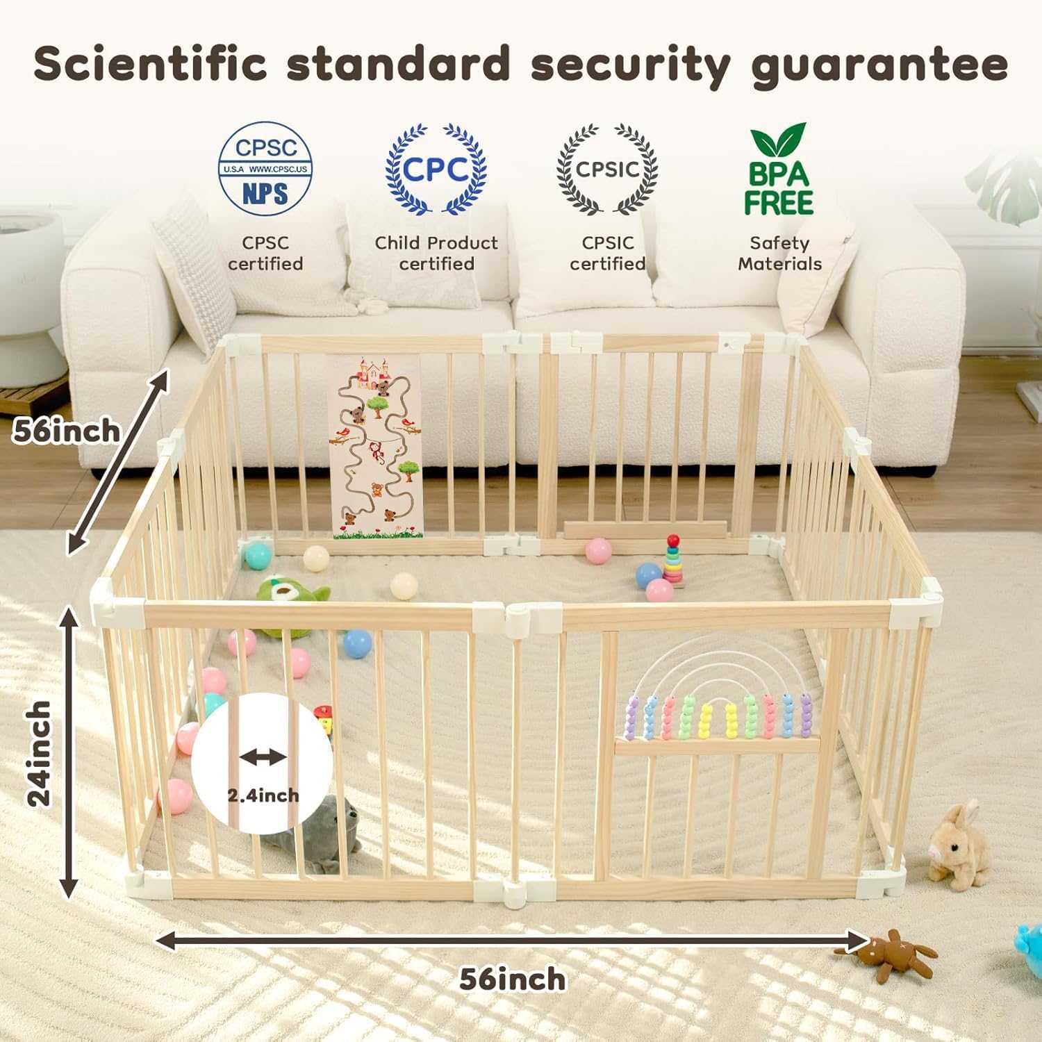 Ulnxiy Wooden Baby Playpen with Montessori Toys, 8-Panel Foldable Wood Play Yard for Toddlers, 56'x56' Large Baby Fence with Safety Lock, CPC Certified Natural Pine Wood Activity Center
