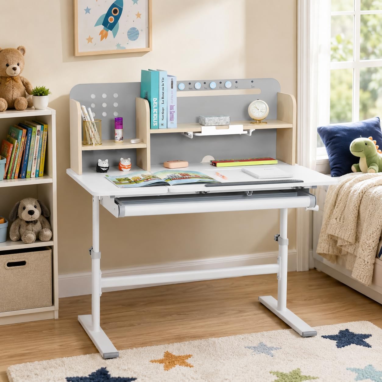 COSVALVE 39in Wide Adjustable Height Kids Desk with Tilting Desktop, Steel Frame, Drawer, and Bookshelf Hutch, Study Child Table for Ages 3-12, Grey