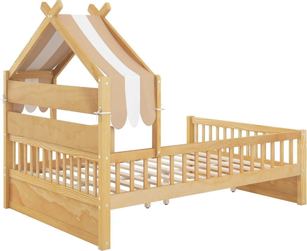 Merax Twin Size House Bed with Storage Headboard Shelf & Removable Canopy, Wooden Platform Bed Frame with Guardrail for Boys Girls Teens Bedroom Use, No Box Spring Needed, Natural