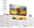 EnHomee 63' W TV Stand Fits 55/65/70' TV, 12 Drawers Dresser with LED Lights & Power Outlets, Entertainment Center Long Fabric Dresser for Bedroom, Living Room, Hallway, White