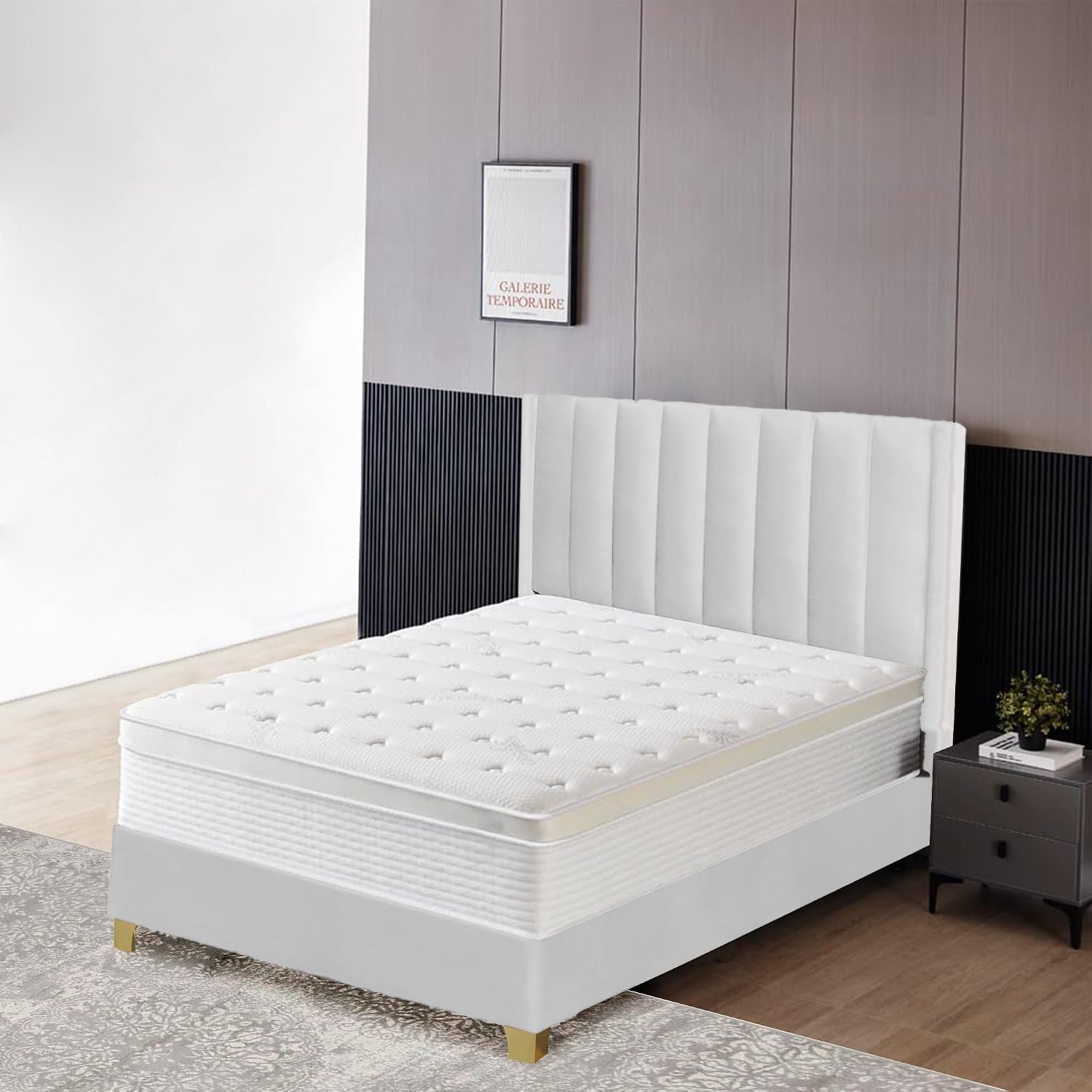 Greaton, Vinyl Upholstered Bed Frame, Decorative Attractive Headboard, Long Lasting Durable, Includes 3 Color Legs to Choose Gold, Silver and Black,Queen, White