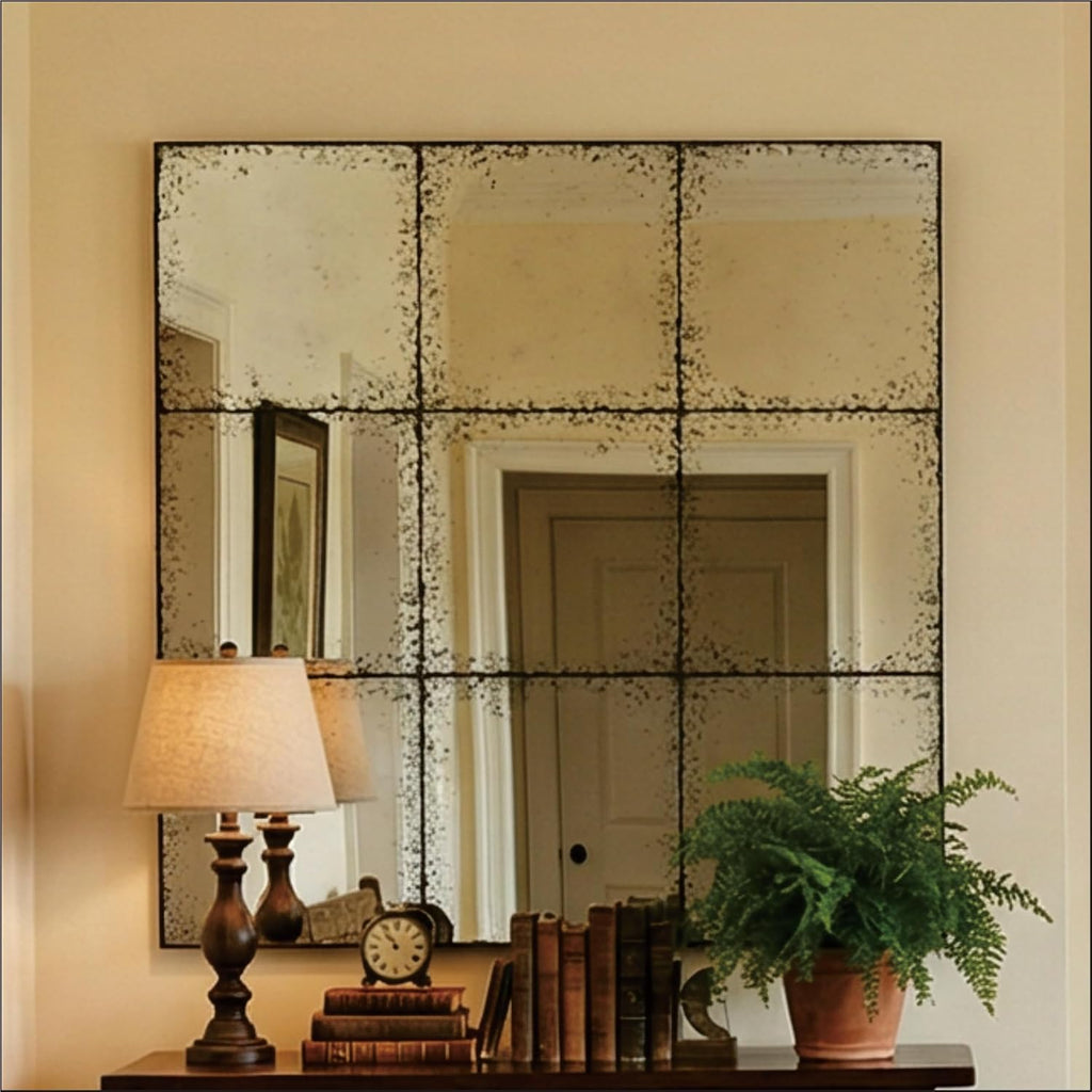 whitebeach Window Pane Black Mirror,Farmhouse Wall Mirror,Mantel Mirror for Fireplace/Entryway/Hallway/Living Room,36'X 36'