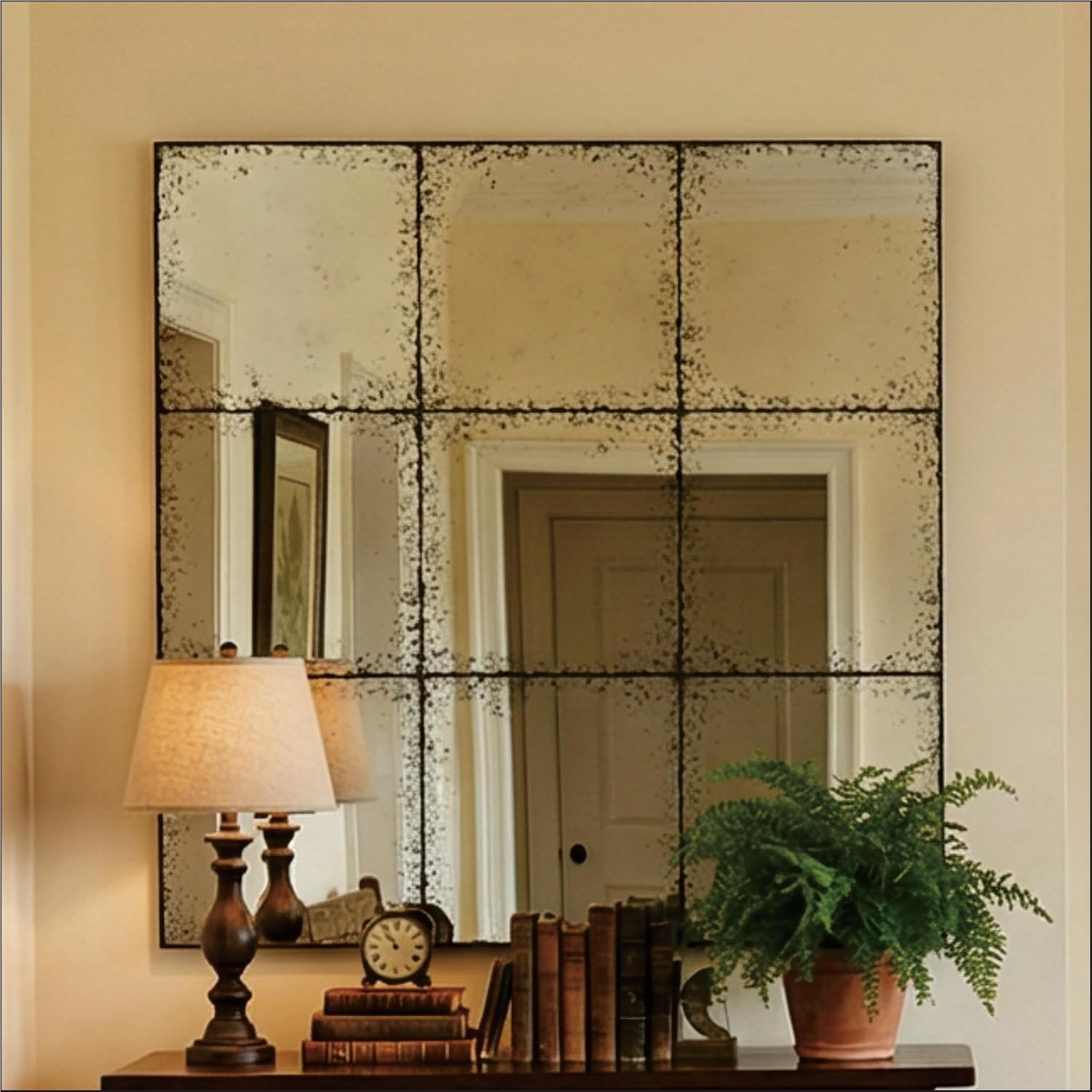 whitebeach Window Pane Black Mirror,Farmhouse Wall Mirror,Mantel Mirror for Fireplace/Entryway/Hallway/Living Room,36'X 36'