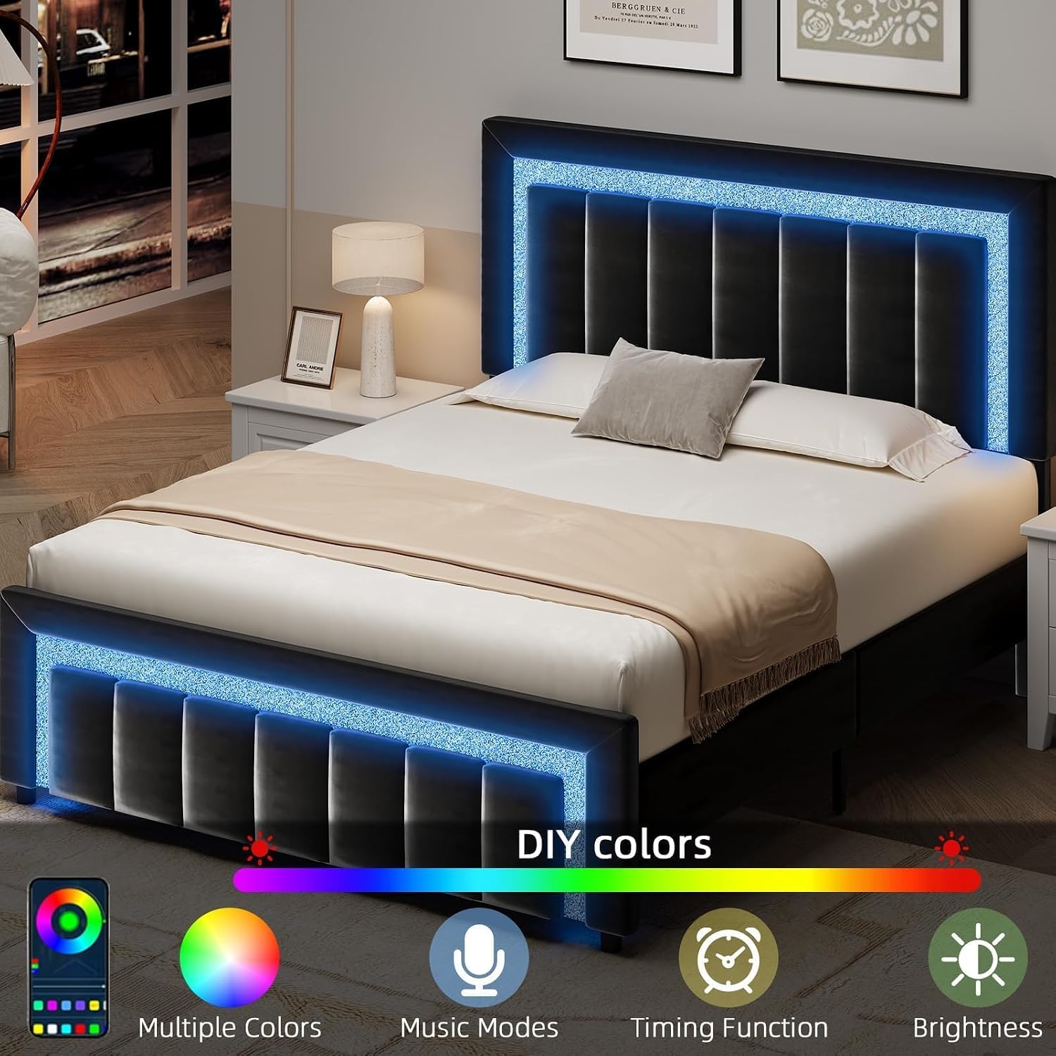 HOMBCK Full Size Bed Frame with LED Lights and Velvet Upholstered Adjustable Headboard, Bed Frame Full with Diamond Headboard & Footboard, Wood Slats Support, Noise Free, No Box Spring Needed, Black