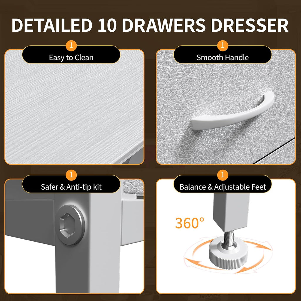 White Dresser for Bedroom with LED Lights and Power Outlets, 55' TV Stand with 10 Drawers & Open Shelves, Fabric Chest of Drawers with PU Finish, Metal Frame, Wood Top (White)