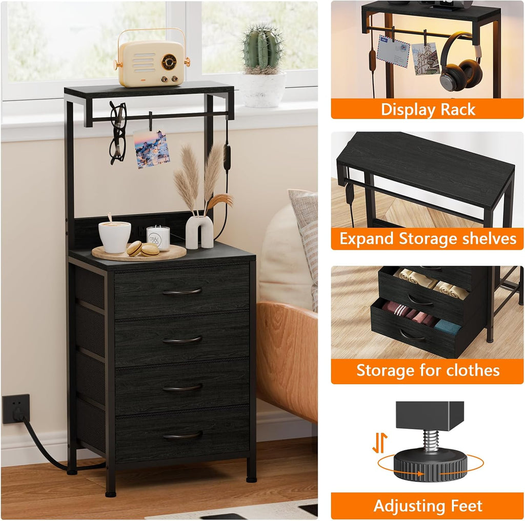 Furnulem Night Stand Set 2, Tall Nightstand with Charging Station and LED Lights, Bedside Tables with 4 Fabric Drawers and Storage Shelves, Black Nightstand Set of 2 for Bedroom (Black Oak)
