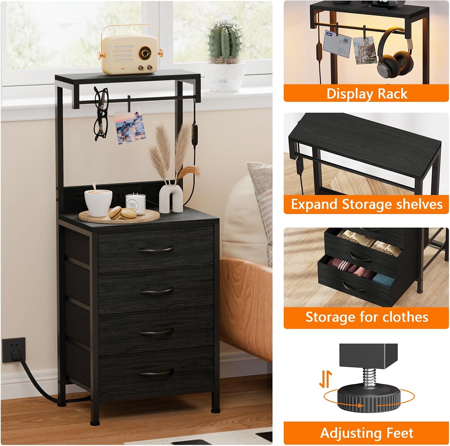 Furnulem Night Stand Set 2, Tall Nightstand with Charging Station and LED Lights, Bedside Tables with 4 Fabric Drawers and Storage Shelves, Black Nightstand Set of 2 for Bedroom (Black Oak)