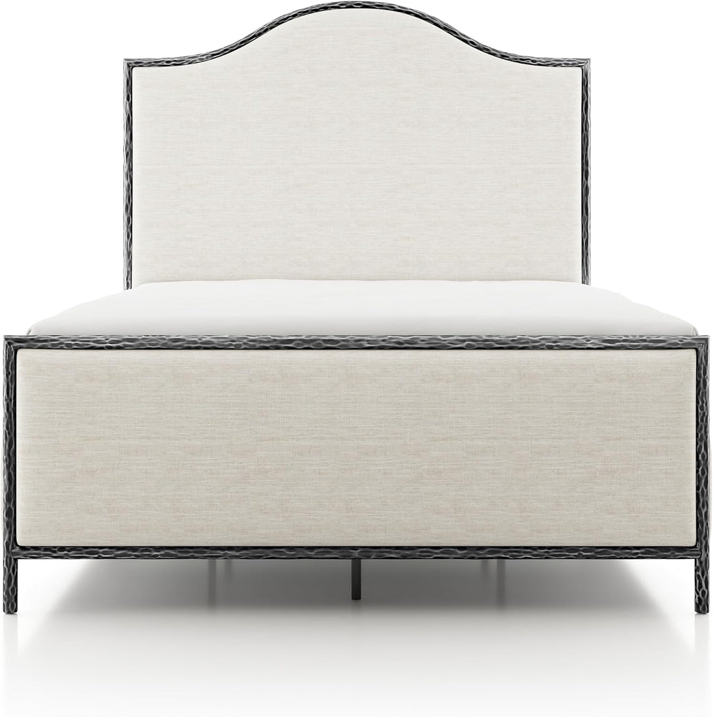 24/7 Shop at Home Lalia Hammered Metal 4-Piece Bedroom Collection, Upholstered Bed Frame with Camelback Headboard, Forged Steel, Bench and Curved Nightstands, Foundation Required, Queen, Matte Grey