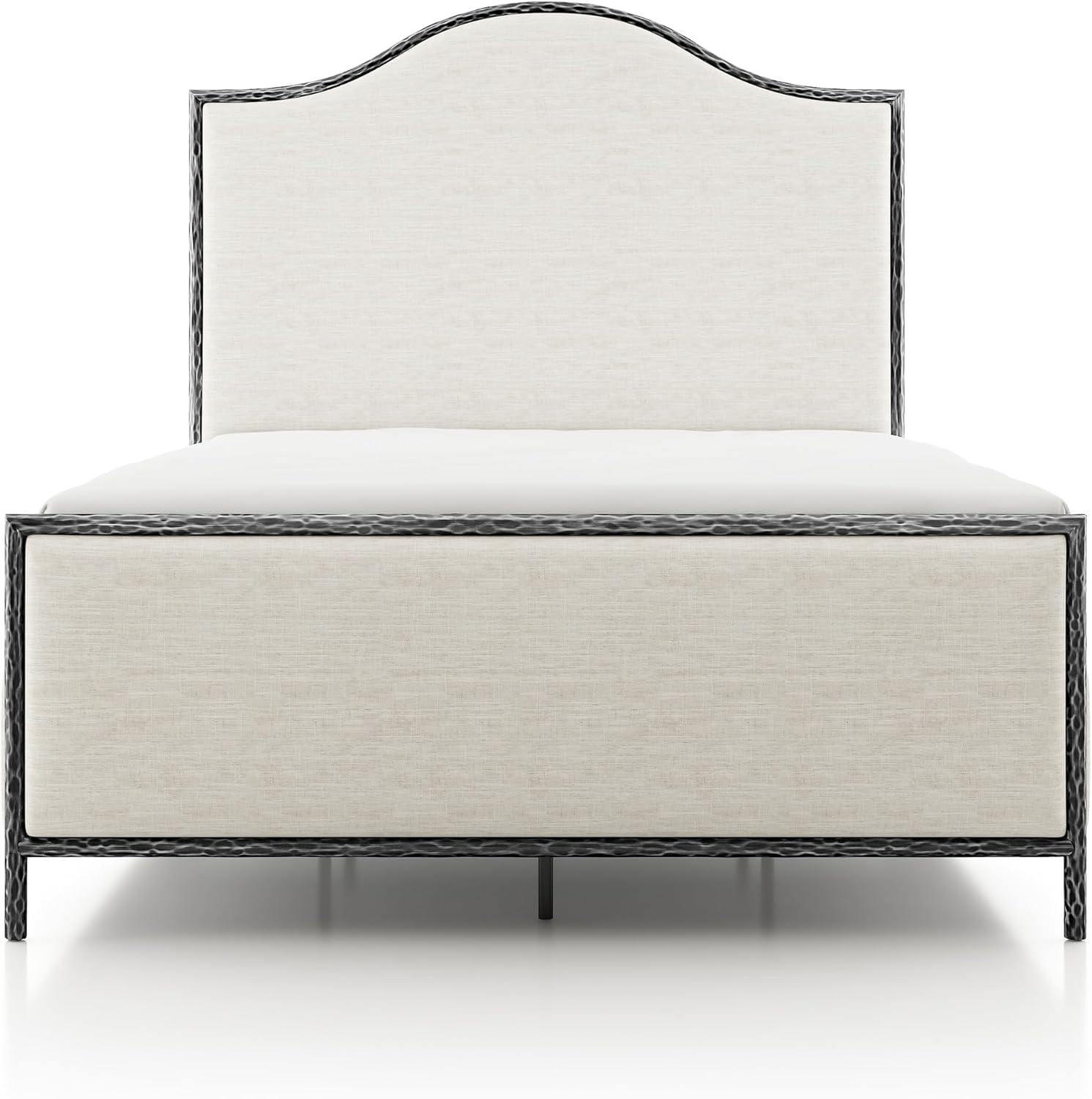 24/7 Shop at Home Lalia Hammered Metal 4-Piece Bedroom Collection, Upholstered Bed Frame with Camelback Headboard, Forged Steel, Bench and Curved Nightstands, Foundation Required, Queen, Matte Grey
