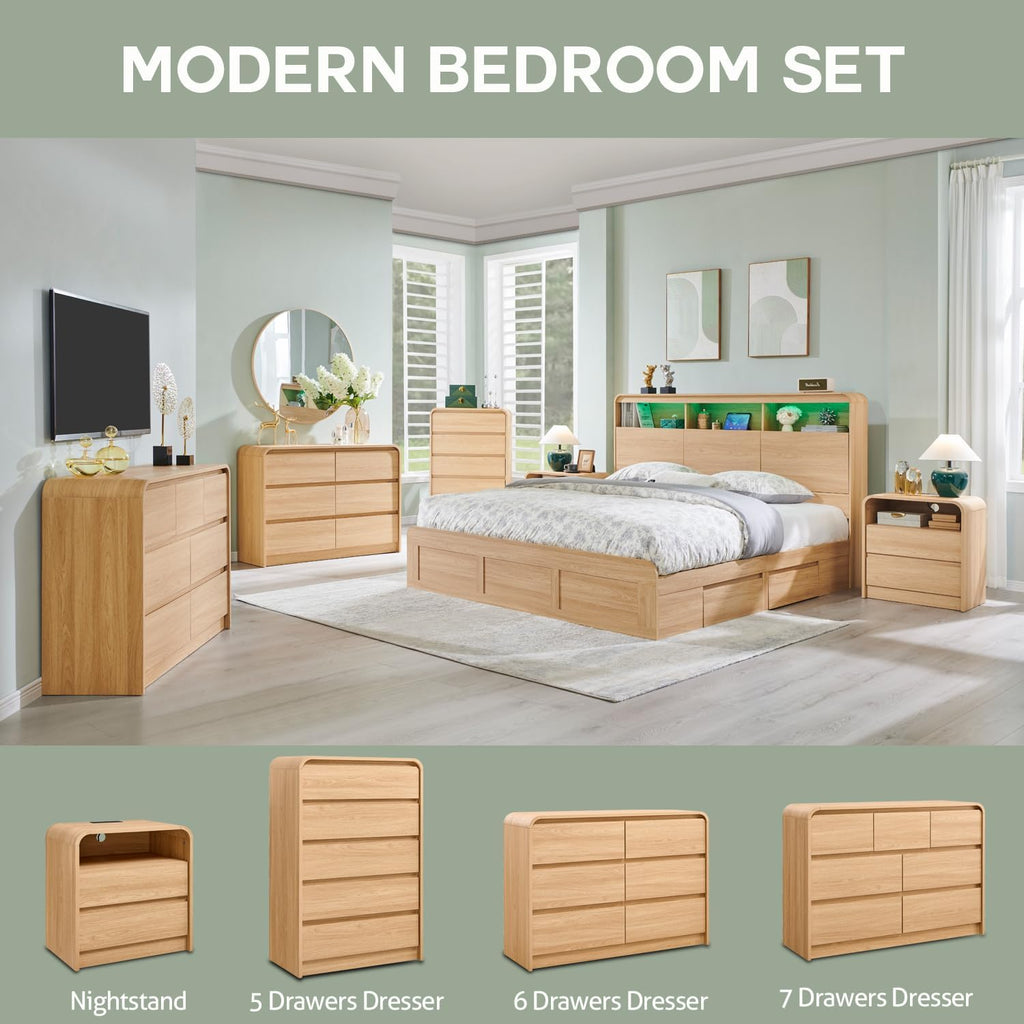 Aitjunz Modern 6 Drawers Dresser for Bedroom, 47' Wide Wood Dressers & Chests of Drawers w/Curved Profile Design, Mid Century Modern Dresser w/Natural Texture for Bedroom, Living Room, Natural Oak
