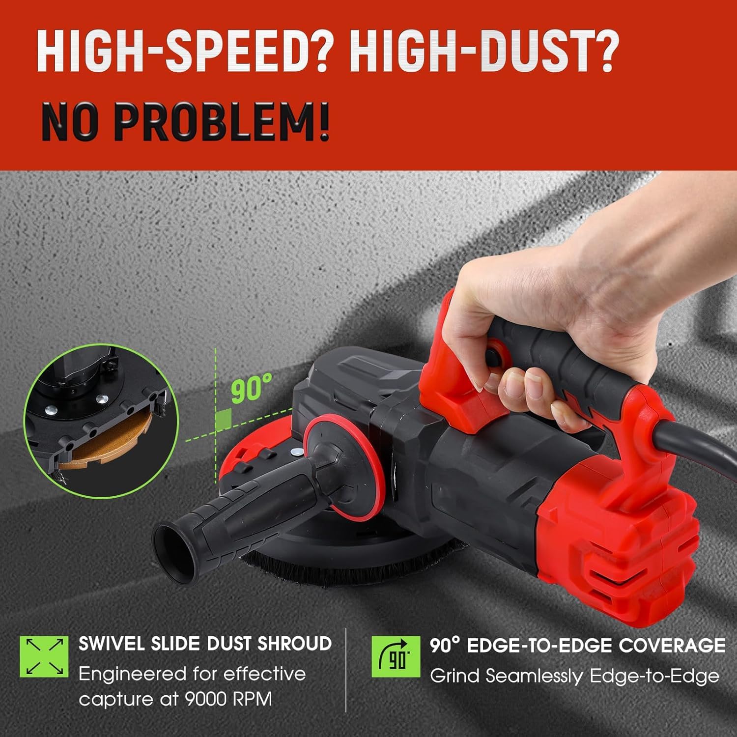 Concrete Grinder, 115mm Concrete Surface Planer, Handheld Floor Polisher, with Dust Extraction Shroud, 1200W 9000RPM Angle Grinder Kit with Dust Shroud, Auxiliary Handle, Carrying Box