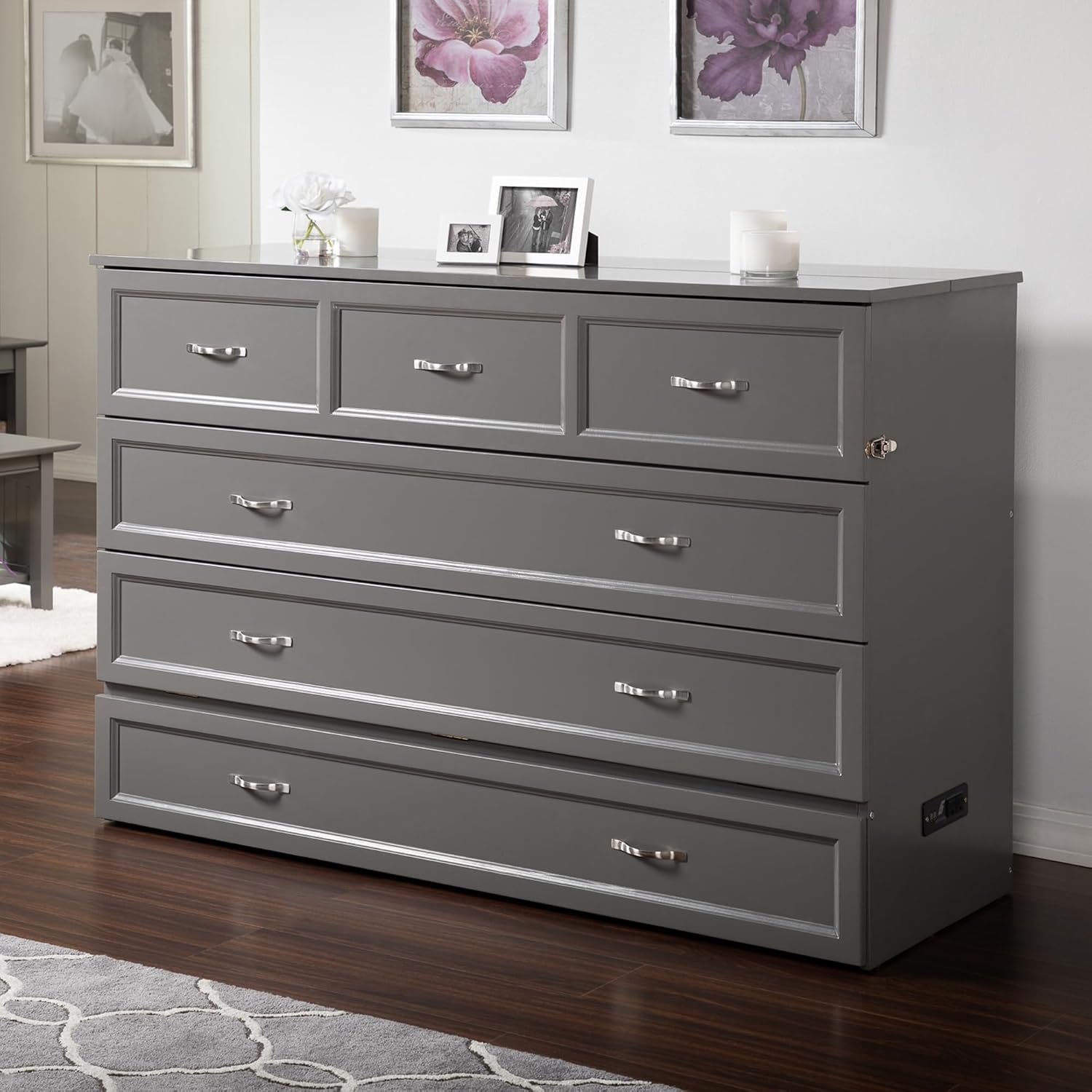 AFI Deerfield Murphy Bed Chest with Charging Station, Queen, Grey