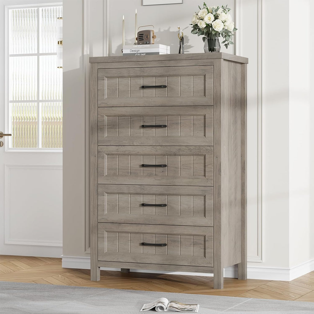 Jocoevol 5 Drawer Dresser for Bedroom - Farmhouse 44.9' Tall Chest of Dresser with Large Storage, Rubst Wood Construction for Living Room, Hallway & Entryway - Gray