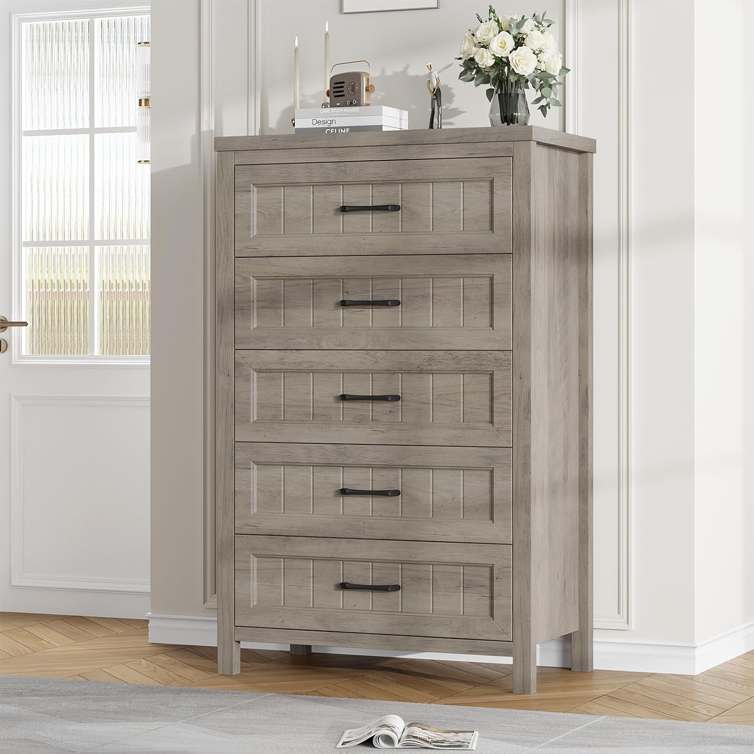 Jocoevol 5 Drawer Dresser for Bedroom - Farmhouse 44.9' Tall Chest of Dresser with Large Storage, Rubst Wood Construction for Living Room, Hallway & Entryway - Gray