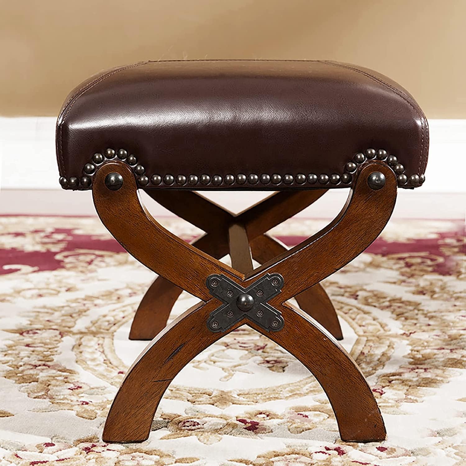 Leather Footrest Wood Ottoman,Rustic Foot Stools Seat, Wood Footstool,Rectangle Footrest Small Ottoman for Living Room Bedroom (Black)