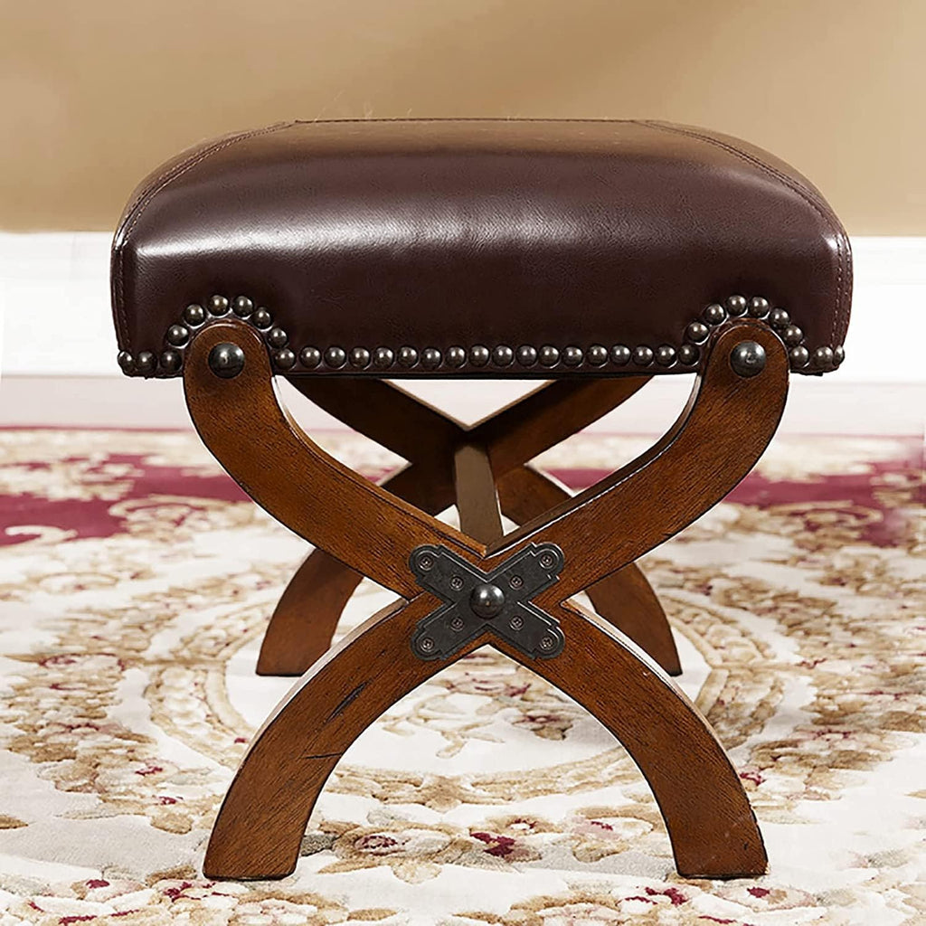 Leather Footrest Wood Ottoman,Rustic Foot Stools Seat, Wood Footstool,Rectangle Footrest Small Ottoman for Living Room Bedroom (Brown)