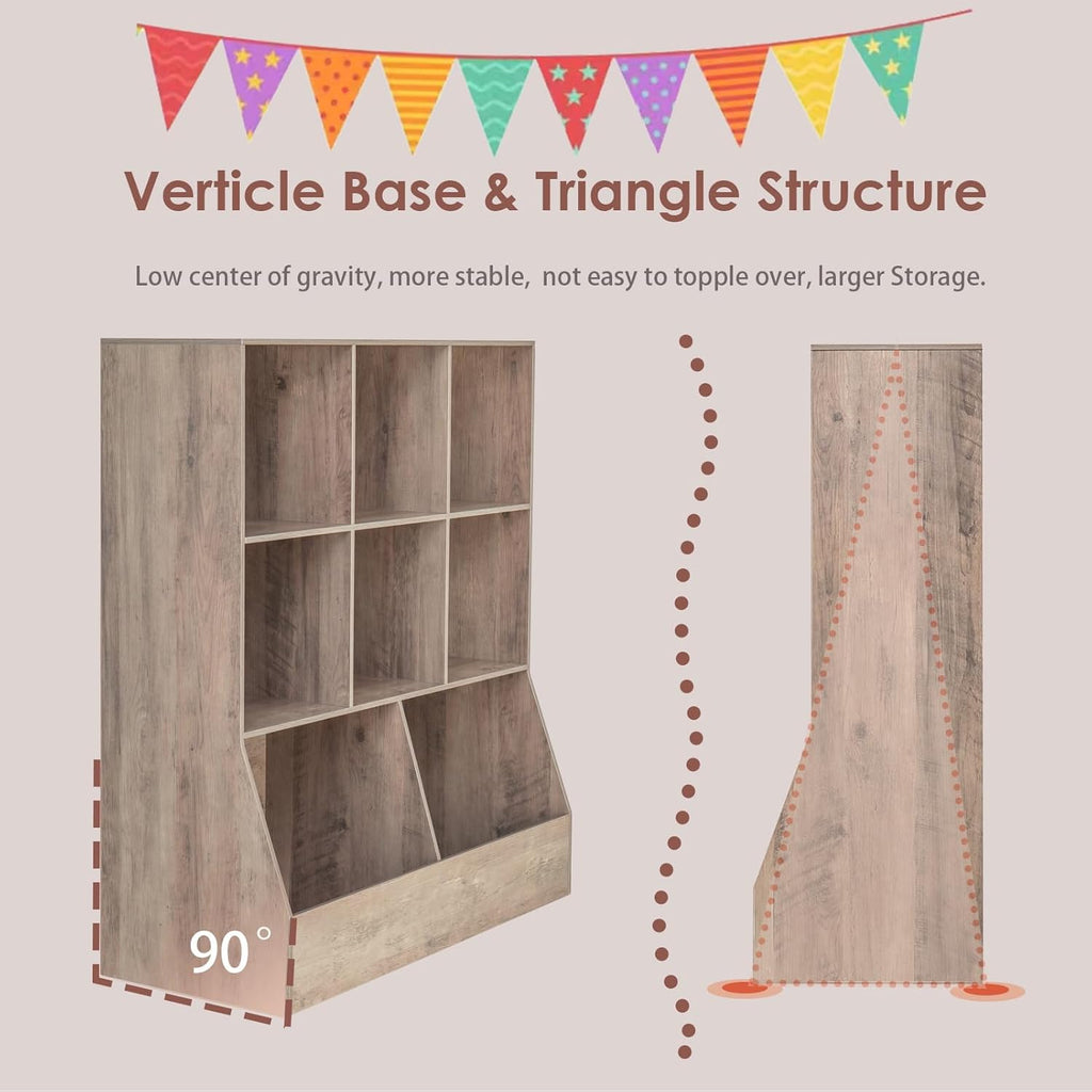 DINZI LVJ Toy Storage Organizer, Kids Bookshelf, Wood Toy Storage Cabinet, 3-Tier 8 Cubby Children Bookcase, 39.4' L Toddler Book Shelf for Playroom, Living Room, Nursery, Hallway, Classroom, Greige