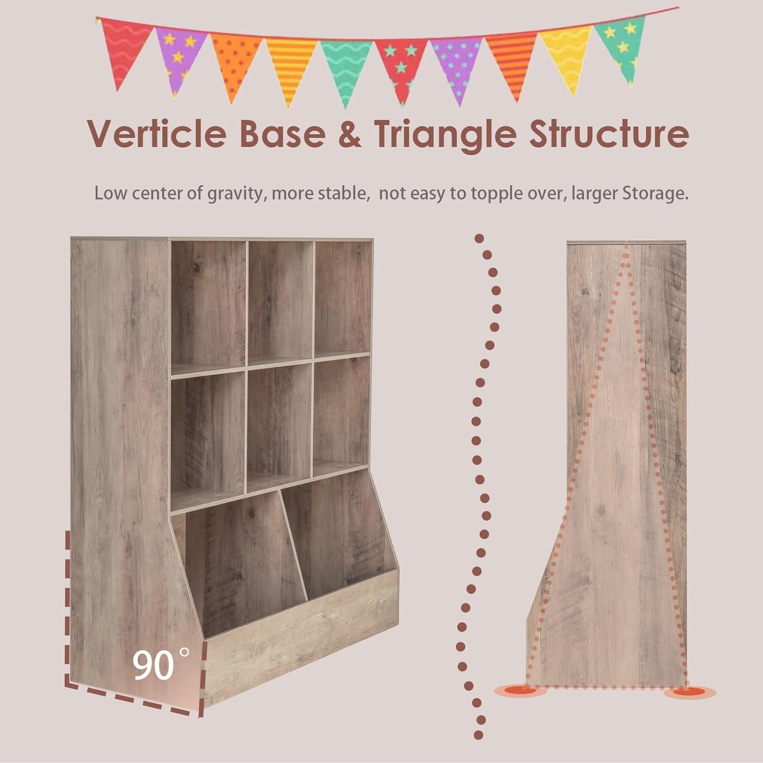 DINZI LVJ Toy Storage Organizer, Kids Bookshelf, Wood Toy Storage Cabinet, 3-Tier 8 Cubby Children Bookcase, 39.4' L Toddler Book Shelf for Playroom, Living Room, Nursery, Hallway, Classroom, Greige