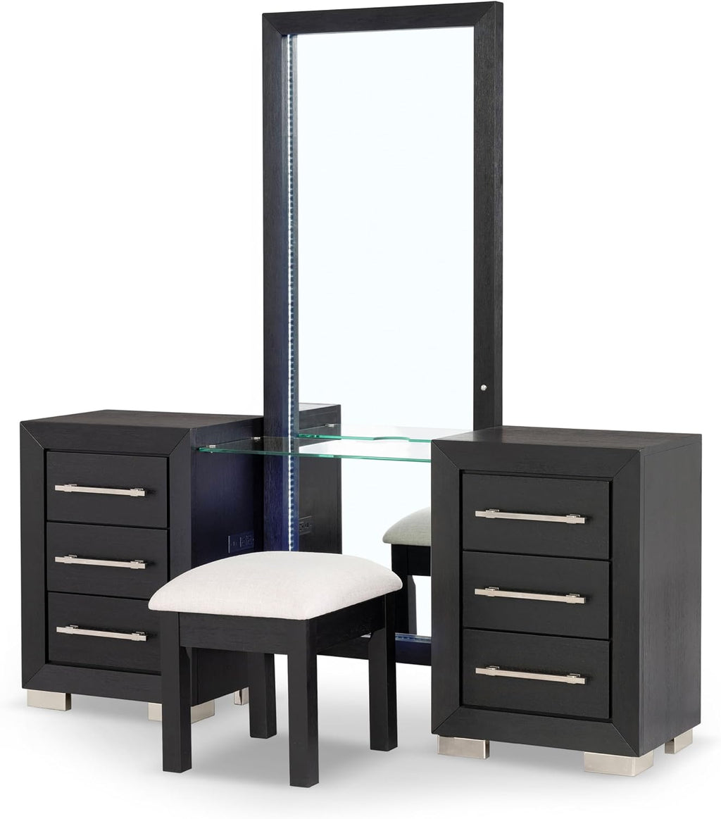 Furniture of America Lyle Modern Solid Wood 6-Drawer Makeup Vanity Set with Storage Stool and LED Full-Length Mirror, Wooden Dresser with USB Ports and Power Outlet for Bedroom, Guest Room, Black