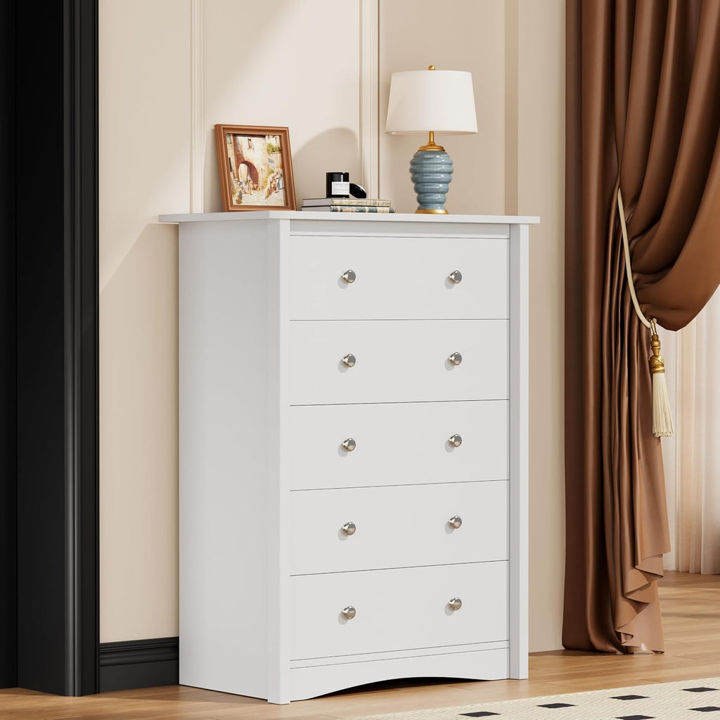 YESHOMY Tall Dresser for Bedroom with 5 Drawers, Modern Chest of Drawers, Wooden Dressers, TV Stand for Living Room,Closet, Hallway (White)
