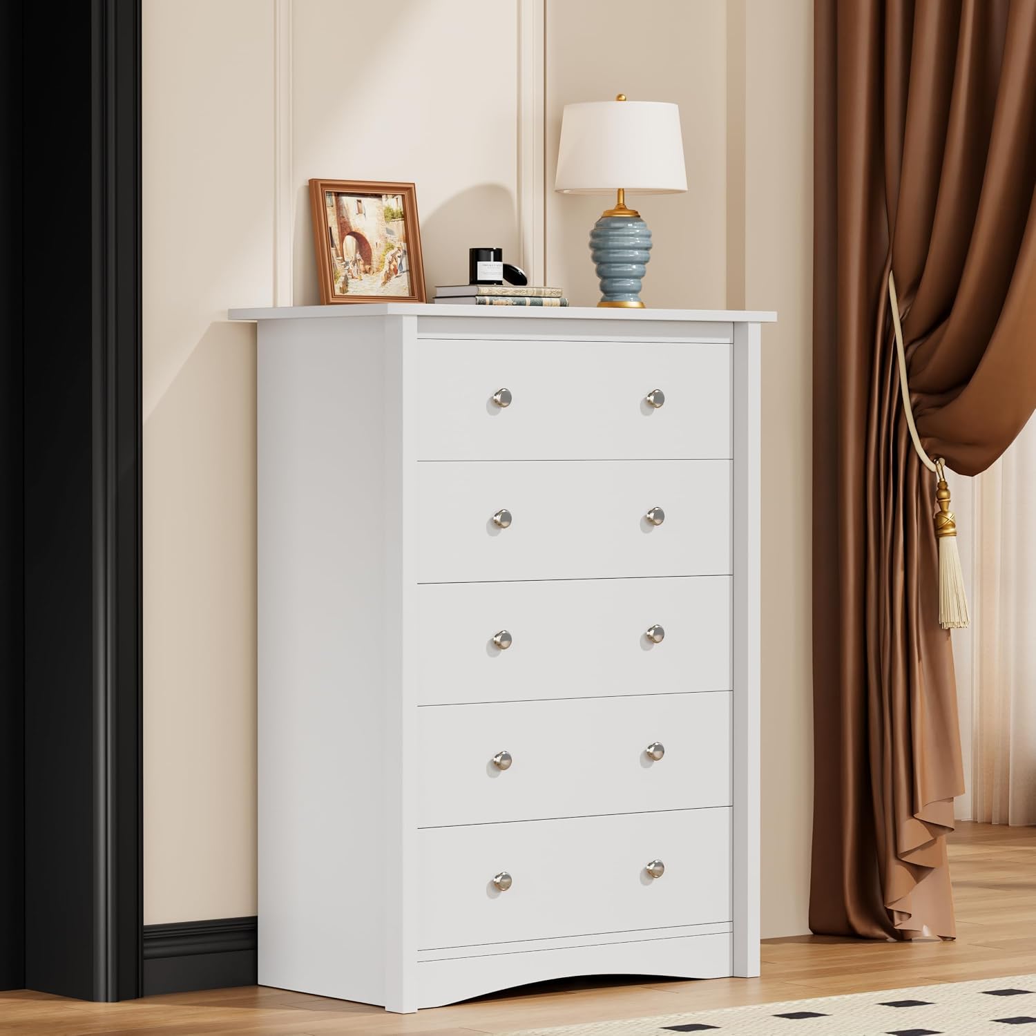 YESHOMY Tall Dresser for Bedroom with 5 Drawers, Modern Chest of Drawers, Wooden Dressers, TV Stand for Living Room,Closet, Hallway (White)