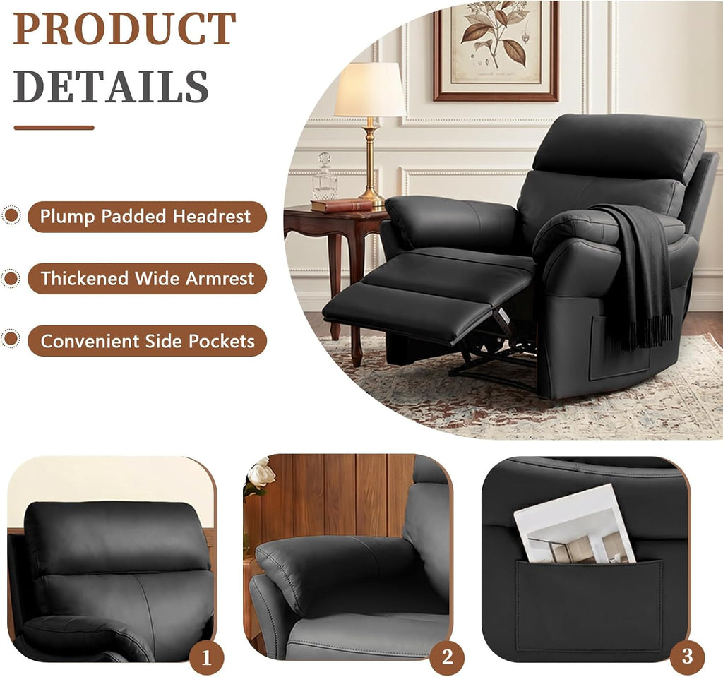 AIRSKY Genuine Leather Recliner Chair, Top Grain Leather, Italian Water-Washing Process, Reclining Sofa Chair for Reading, Single Sofas for Living Room, Theater Seating, Bedroom. Black,R1