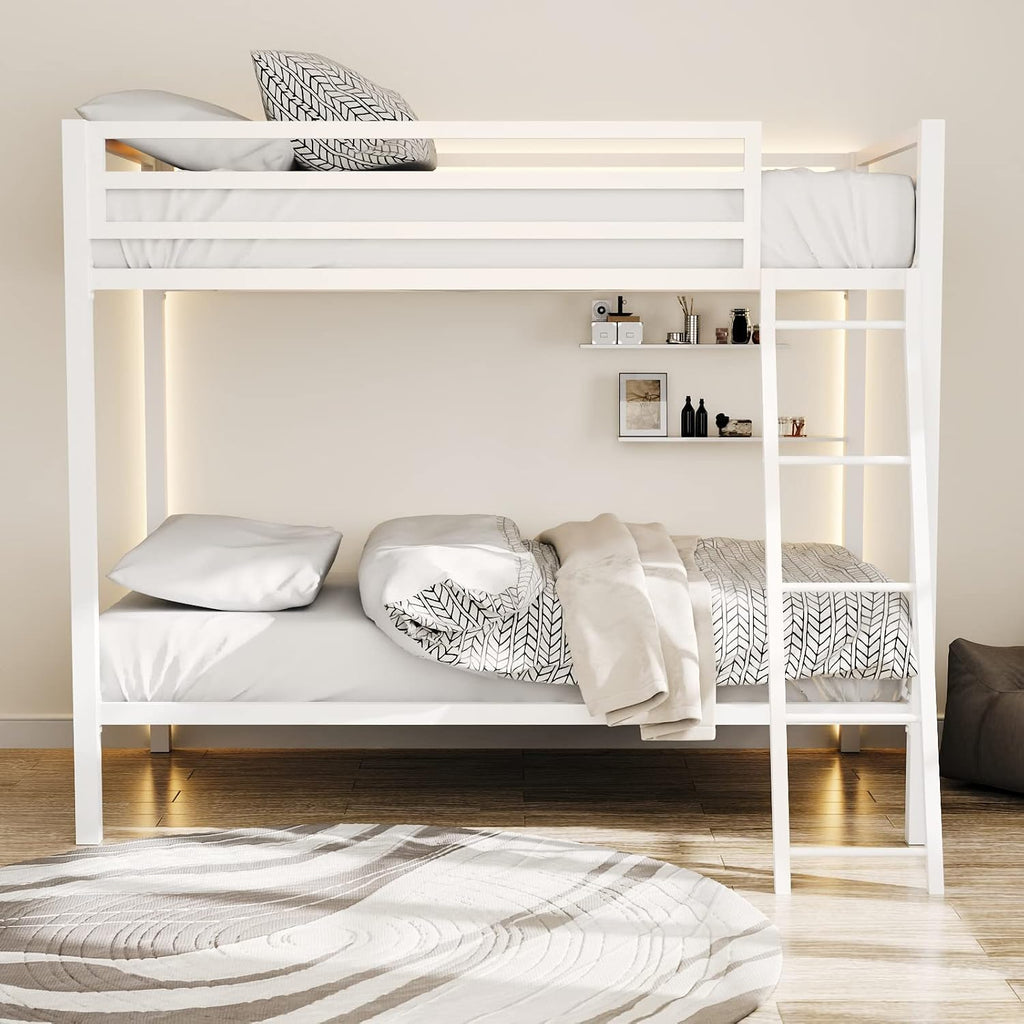 ikalido Metal Loft Bunk Bed Twin Over Twin Size with Safety Guardrail and Ladder, No Box Spring Needed Space Saving Bedroom Furniture, Cream White