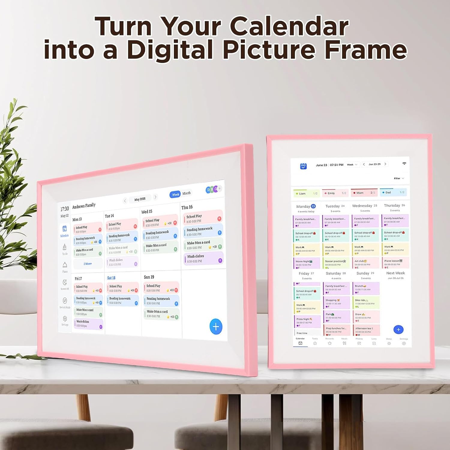 Yunseity 10.1in Smart Digital Calendar Planner & Chore Chart, IPS HD Touch Screen Interactive Display for Family Schedules, Wall & Desk Mountable Family Planner & Photo Frame, Pink