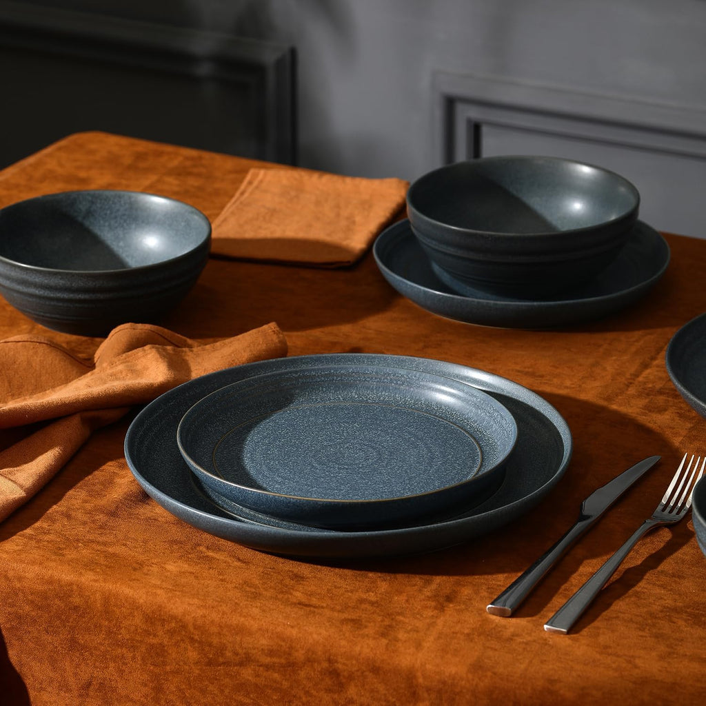 Stone Lain Elio 24-Piece Dinnerware Set Stoneware, Plates and Bowls Set, Dish Set for 8, Blue
