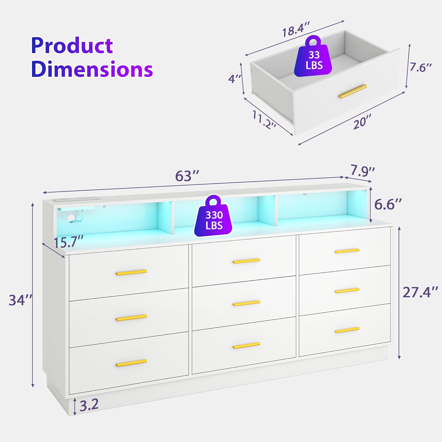 UNIQUITE White 9 Drawer Dressers for Bedroom, Modern Large Dresser with LED Light and Power Outlet, Wooden Long Dresser for Bedroom, Entryway, Hallway