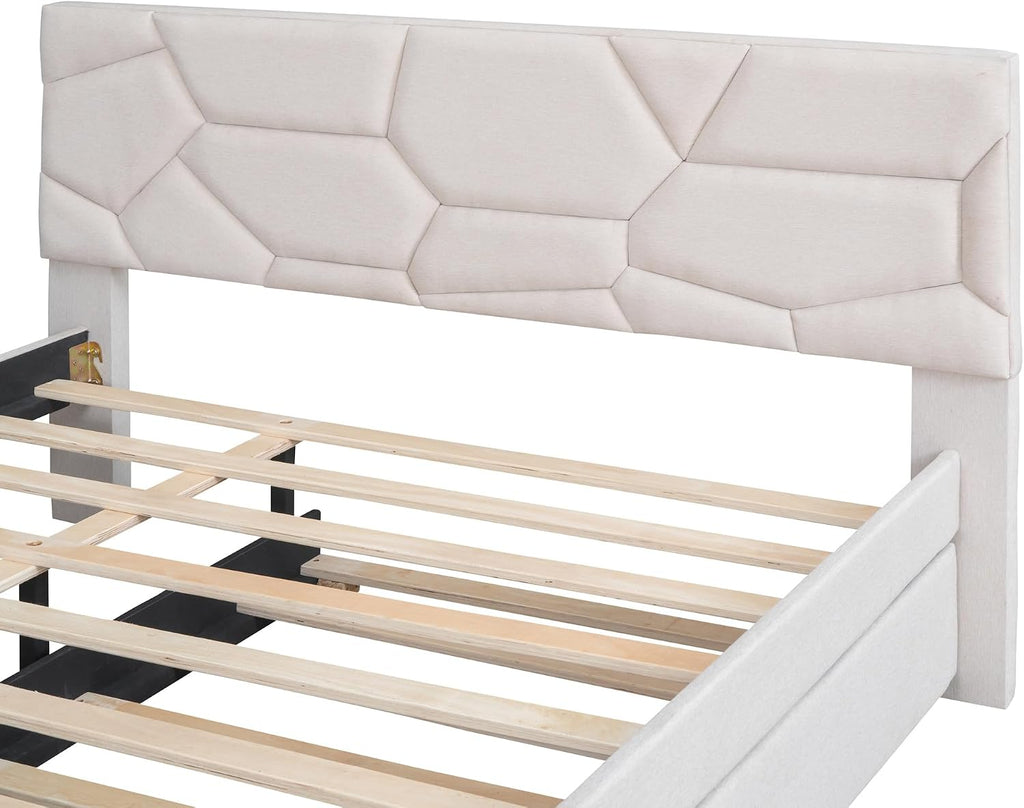 Queen Size Upholstered Platform Bed Frame with Twin XL Size Trundle,Brick Pattern Headboard and Solid Wood Bedframe,Linen Fabric for Kids,Teen,Adult