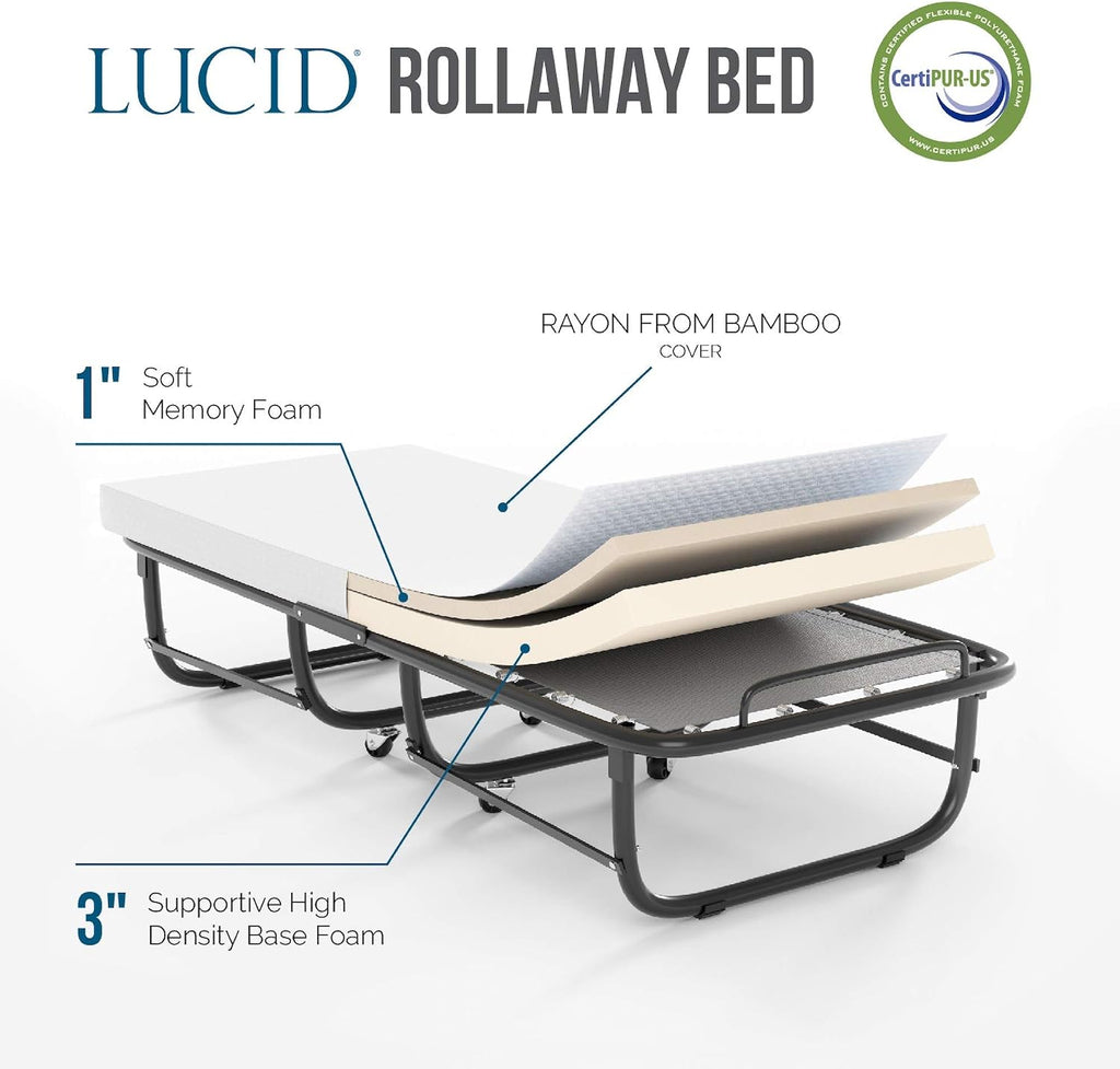 Lucid Rollaway Folding Guest Bed with 4 Inch Memory Foam Mattress- Rolling Cot- Easy Storage-Cot Size Bed