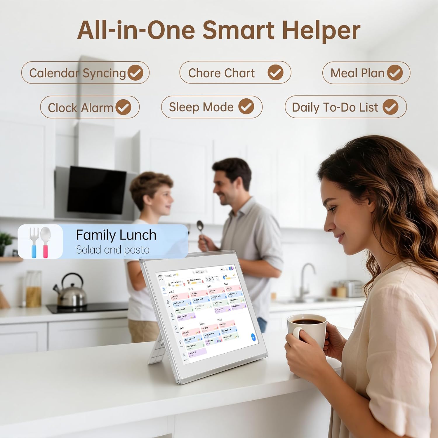 Digital Calendar Wall Touch Screen, 15.6 Inch Smart HD Electronic Calendar for Family & Chore Chart with Meal Planner, Built-in Digital Photo Frame, Gift for Parents & Kids, Desk Stand & Refills (White)